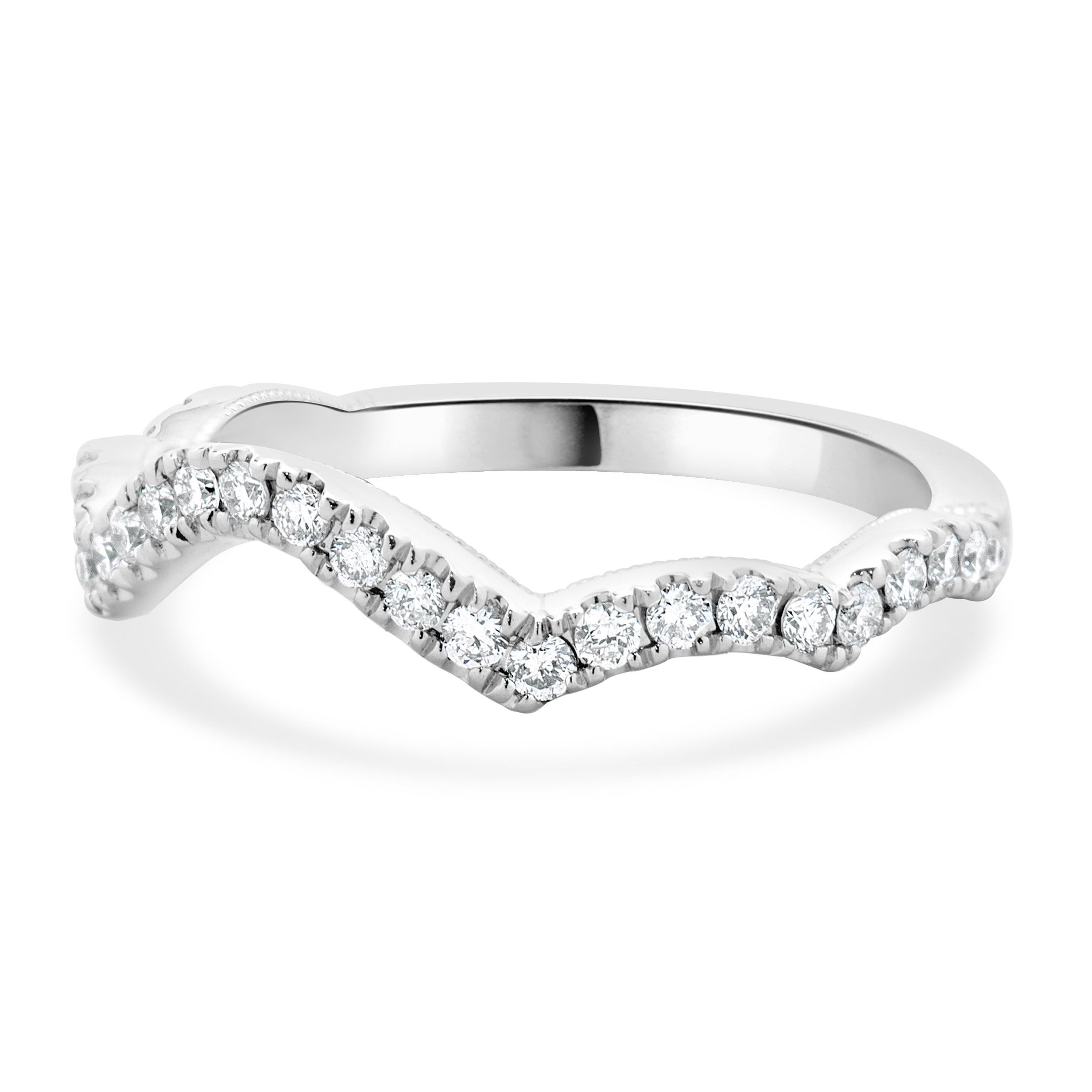 Designer: Custom
Material: 14K white gold
Diamonds: 29 round brilliant cut = 0.30cttw
Color: H
Clarity: SI2
Size: 6.75 sizing available 
Dimensions: ring measures 2.3mm in width
Weight: 2.29 grams
