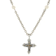 14 Karat White Gold Seed Pearl Cross Necklace