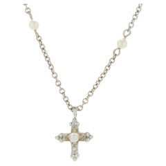 14 Karat White Gold Seed Pearl Cross Necklace