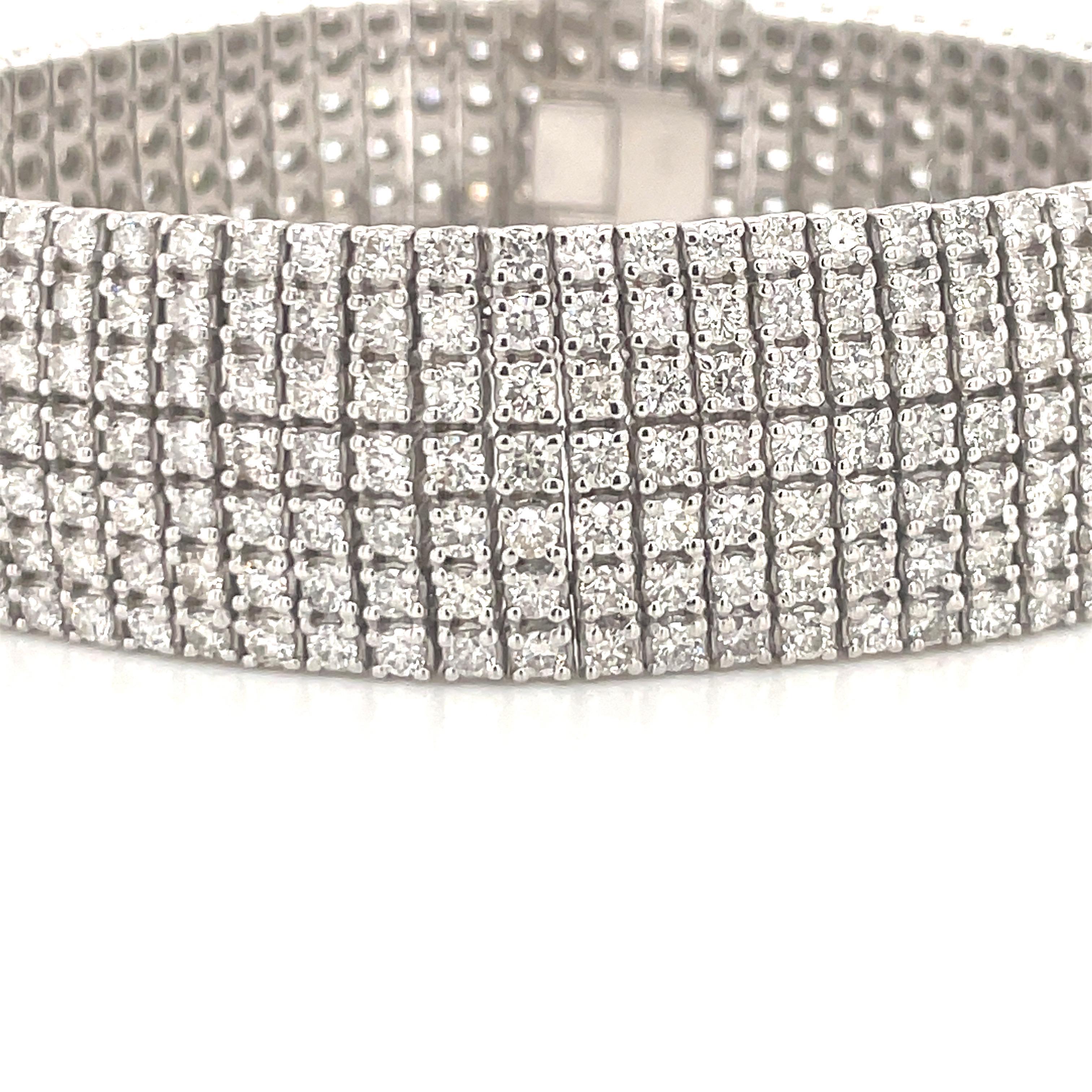 Round Cut 14 Karat White Gold Seven Row Diamond Tennis Bracelet 10.22 Carats 49.5 Grams