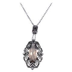 14 Karat White Gold Smoky Topaz and Diamond Necklace
