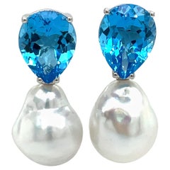 Pendientes Gota Topacio Barroco Mar del Sur Oro Blanco 14 Kilates 20.79 Quilates