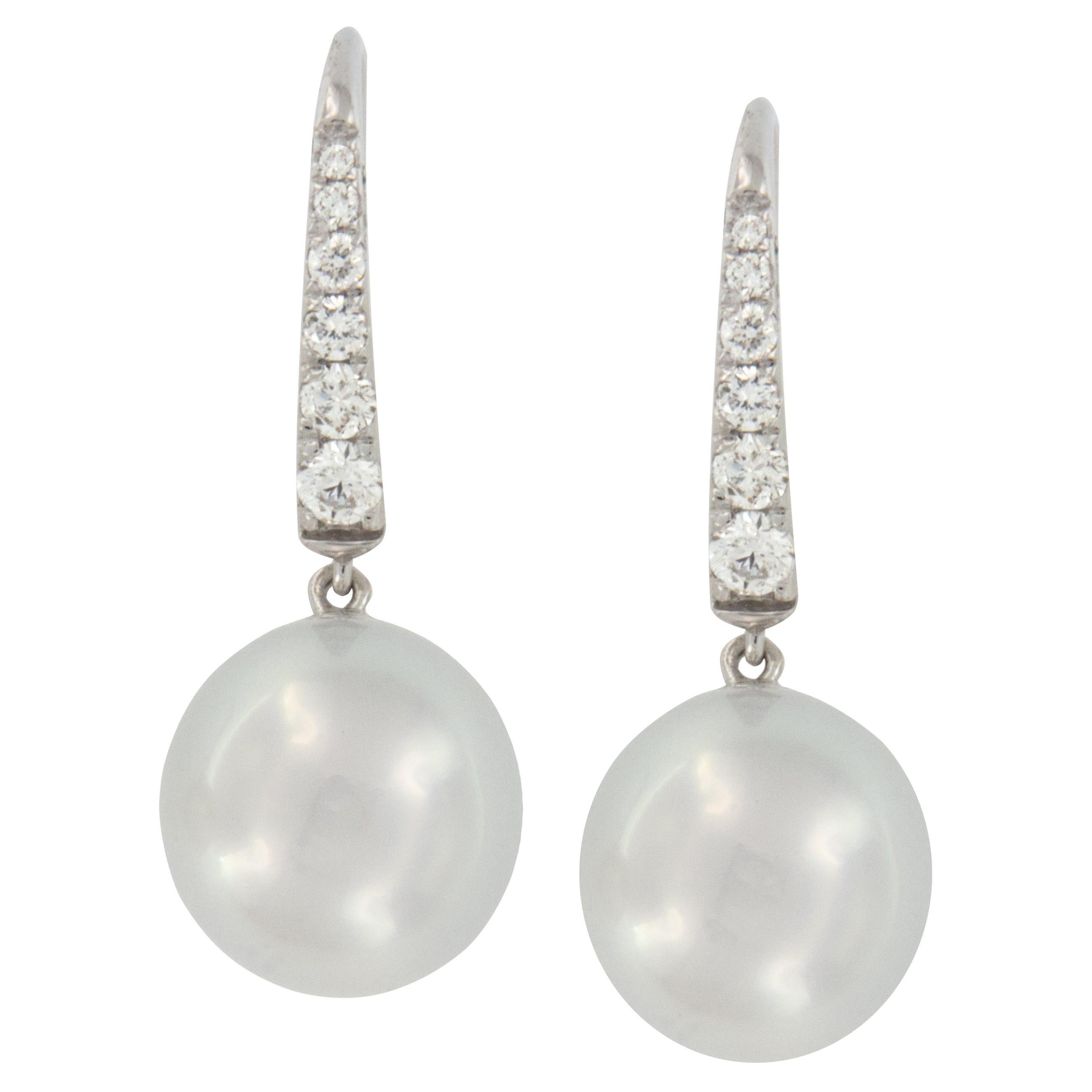 14 Karat White Gold South Sea Pearl & 0.26 Diamond Drop Earrings For Sale