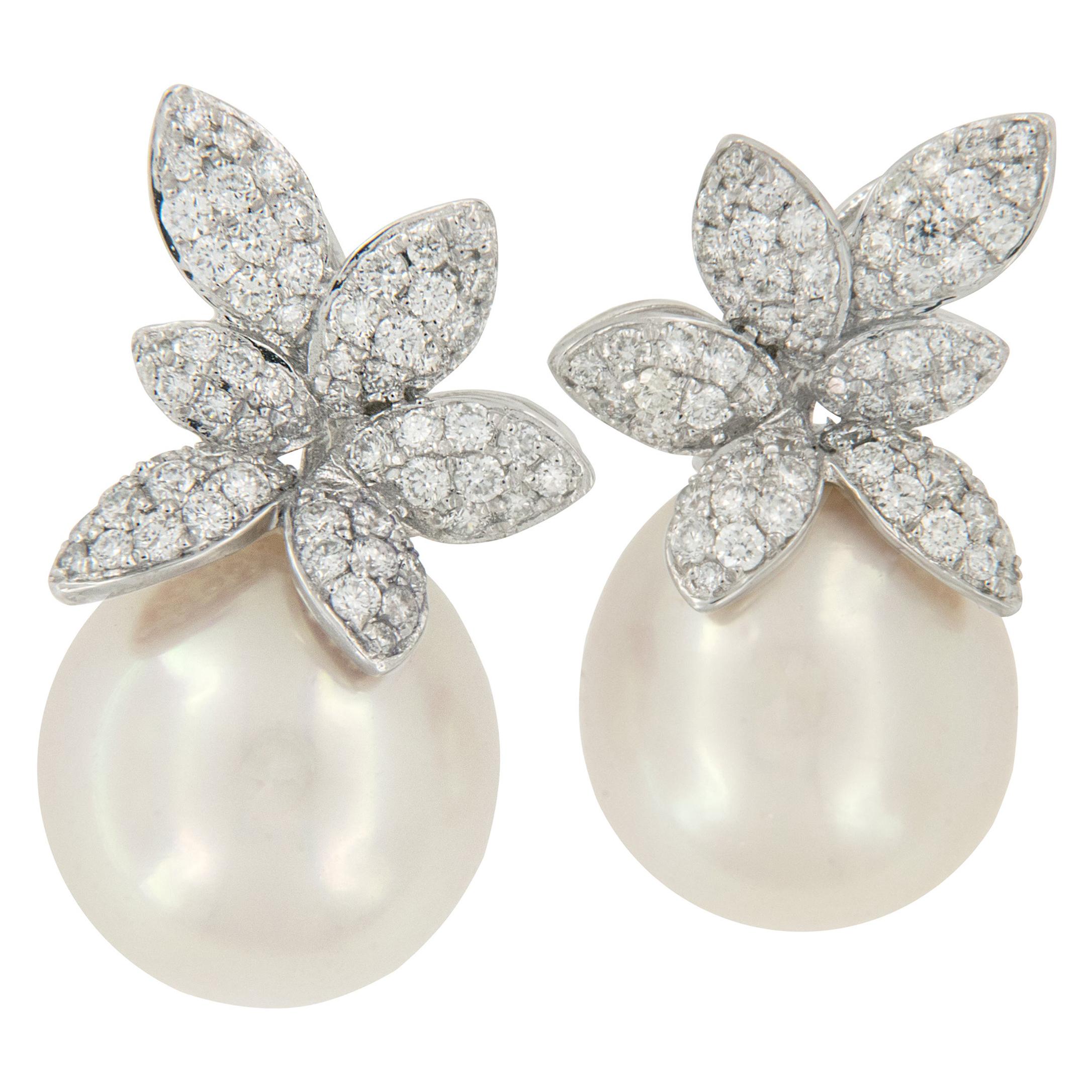 18 Karat White Gold South Sea Pearl & 1.03 Cttw Diamond Earrings