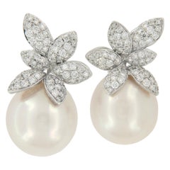 18 Karat White Gold South Sea Pearl & 1.03 Cttw Diamond Earrings