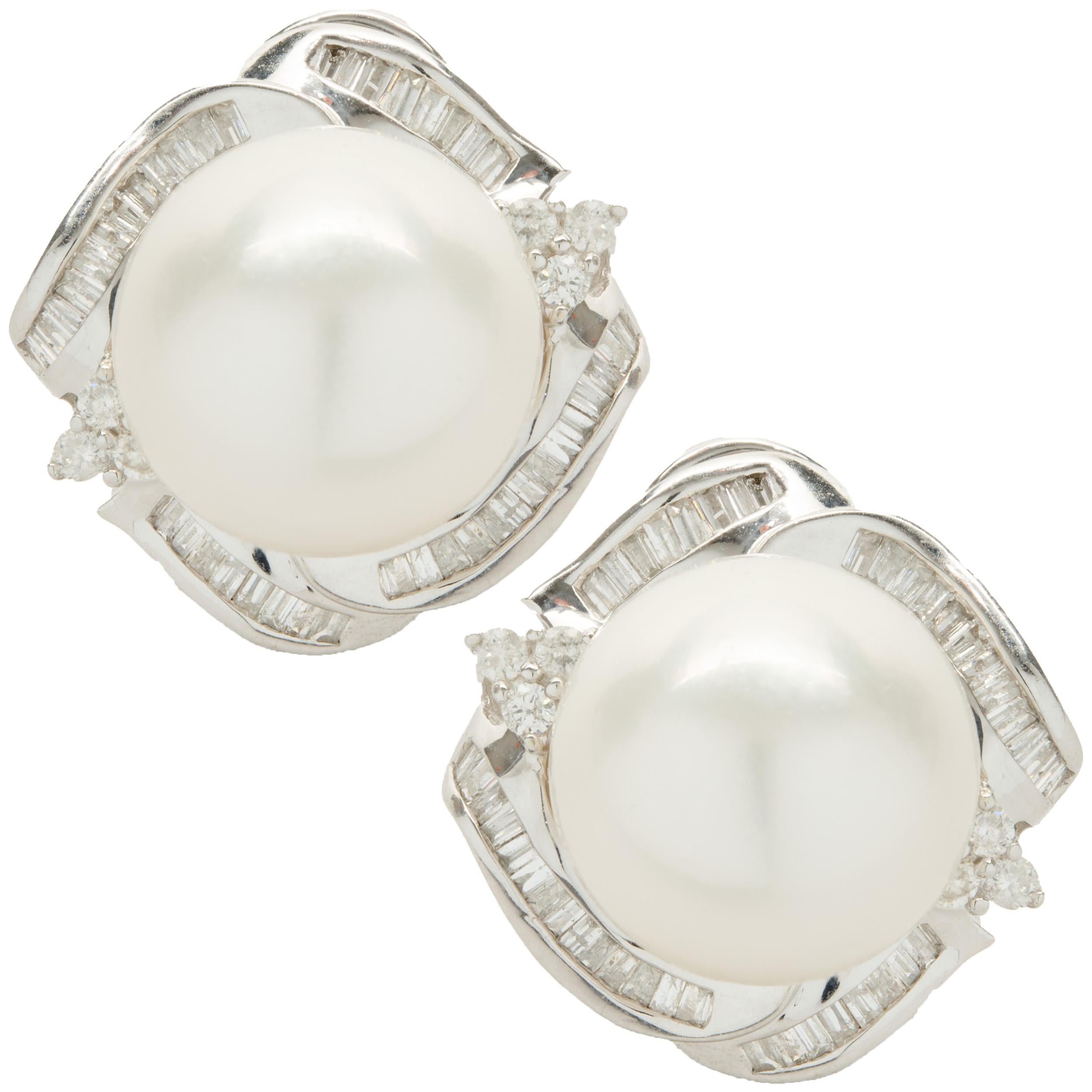 14 Karat Weißgold Südseeperlen- und Diamant-Ohrringe mit Kreis