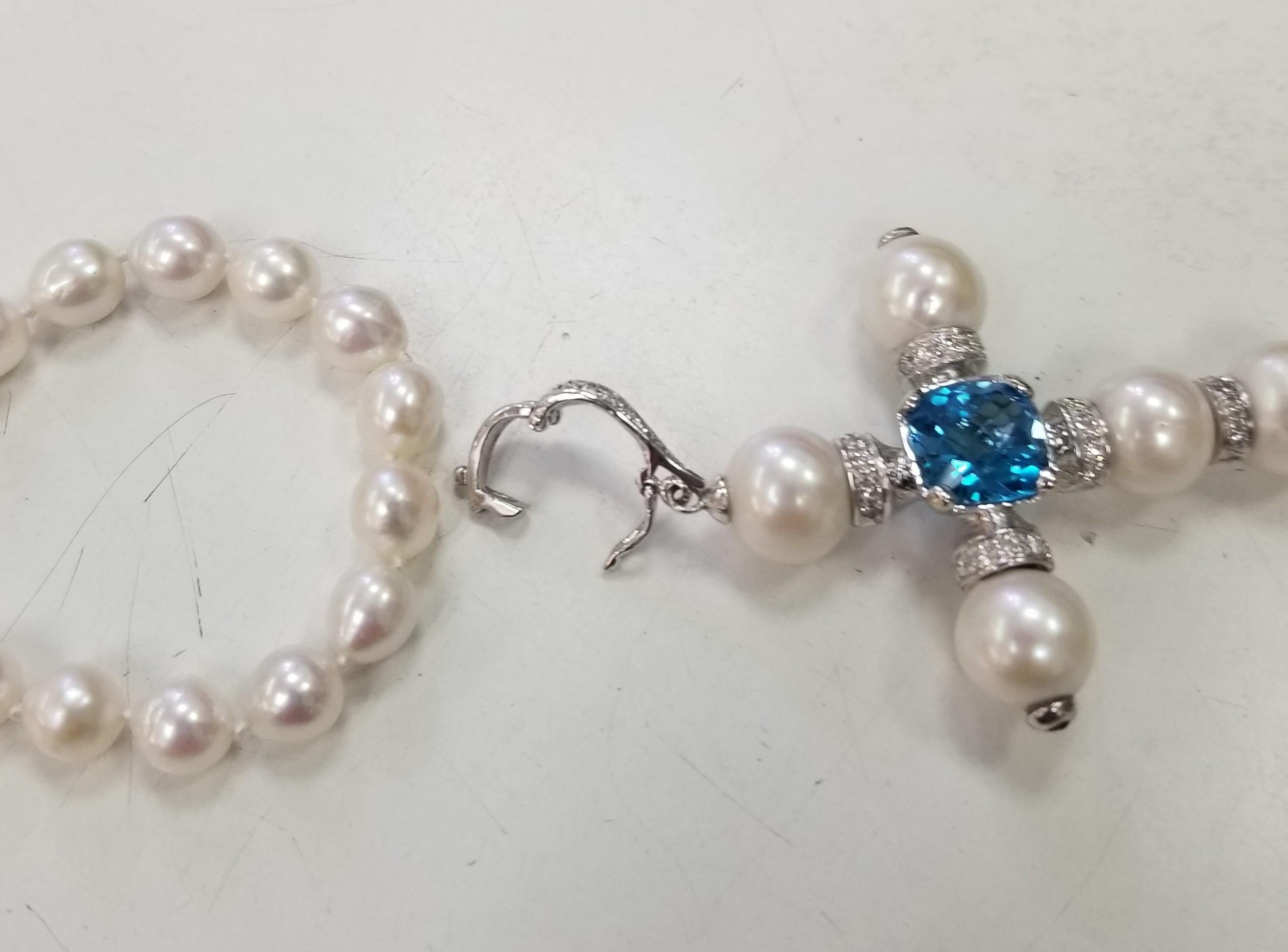 Cushion Cut 14 Karat White Gold South Sea Pearl Cross with a Swiss Blue Topaz and Diamonds For Sale