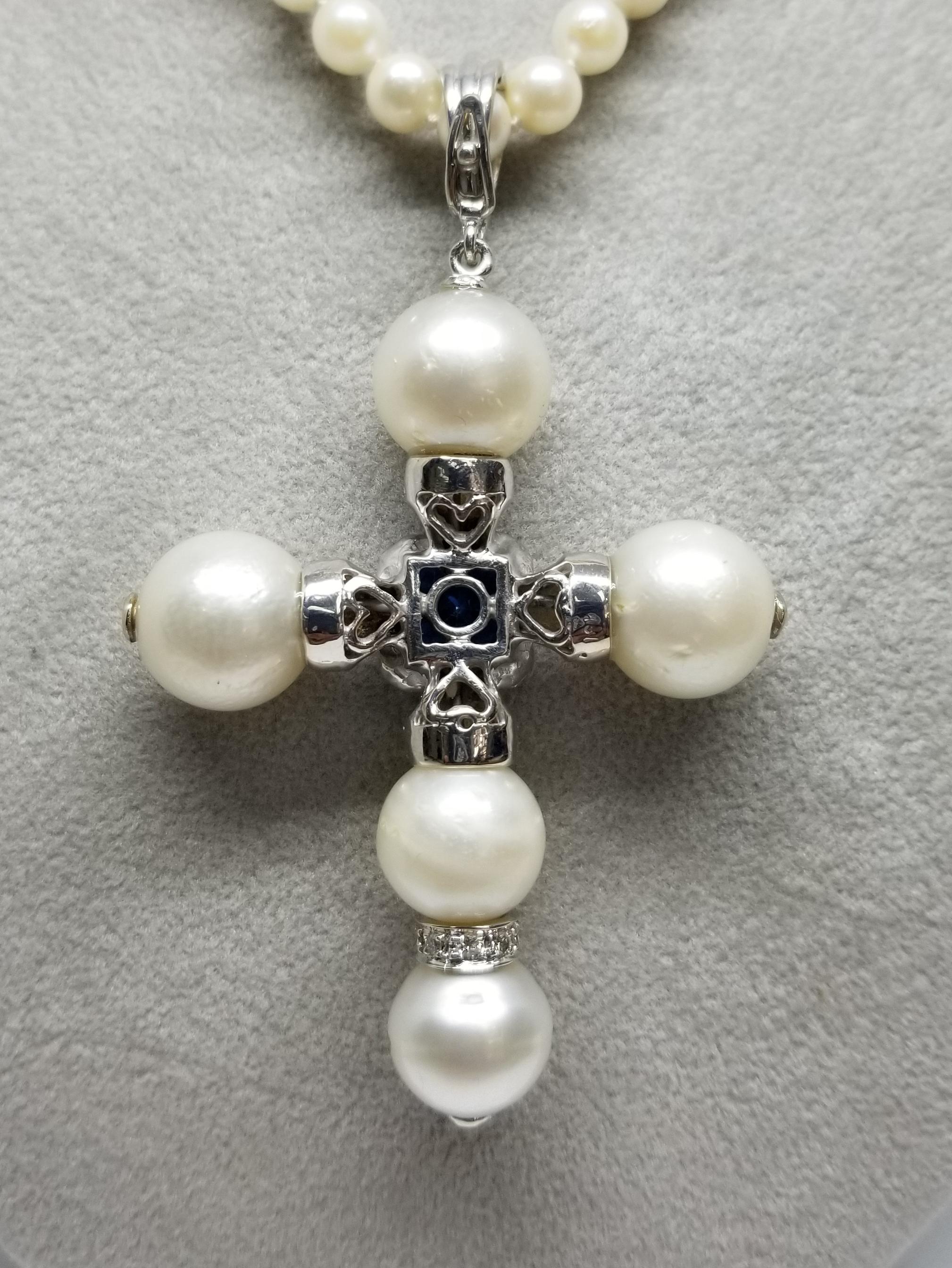 14 Karat White Gold South Sea Pearl Cross with a Swiss Blue Topaz and Diamonds For Sale 3
