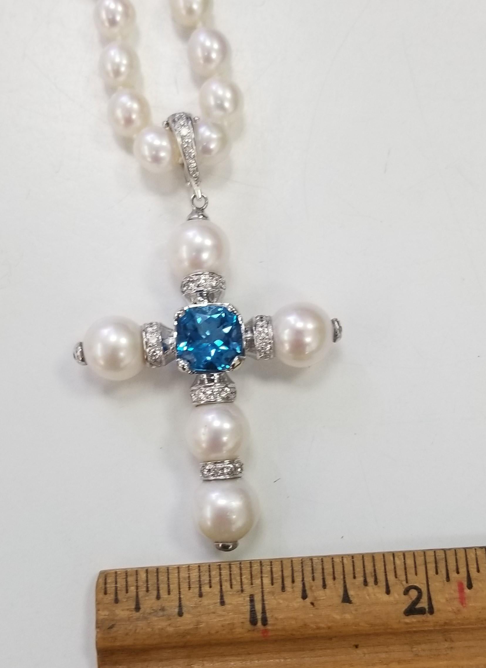 14 Karat White Gold South Sea Pearl Cross with a Swiss Blue Topaz and Diamonds For Sale 3