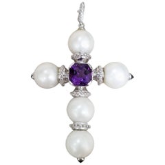 14 Karat White Gold South Sea Pearl Cross with an Amethyst