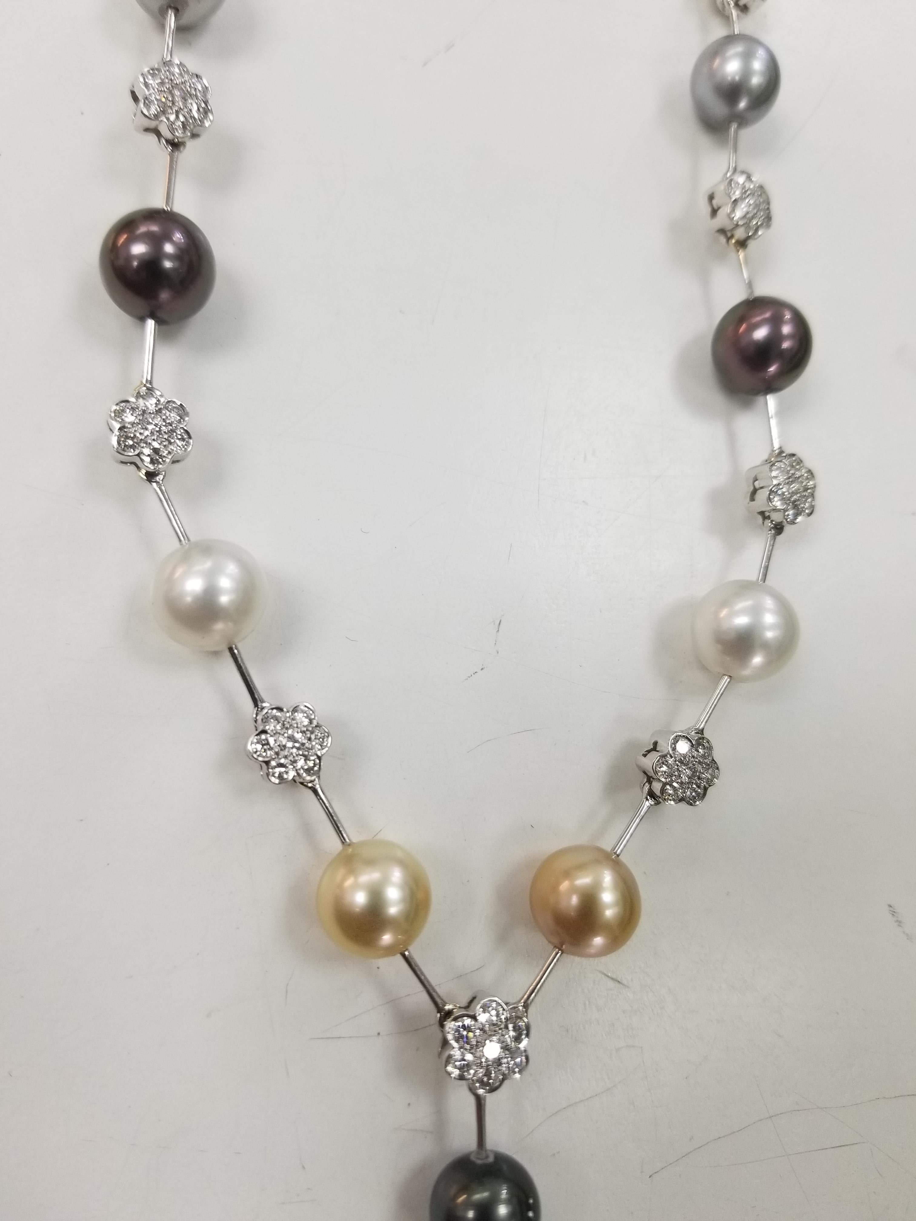 Women's or Men's 14 Karat White Gold South Sea Pearl Multicolored and Diamond Necklace For Sale