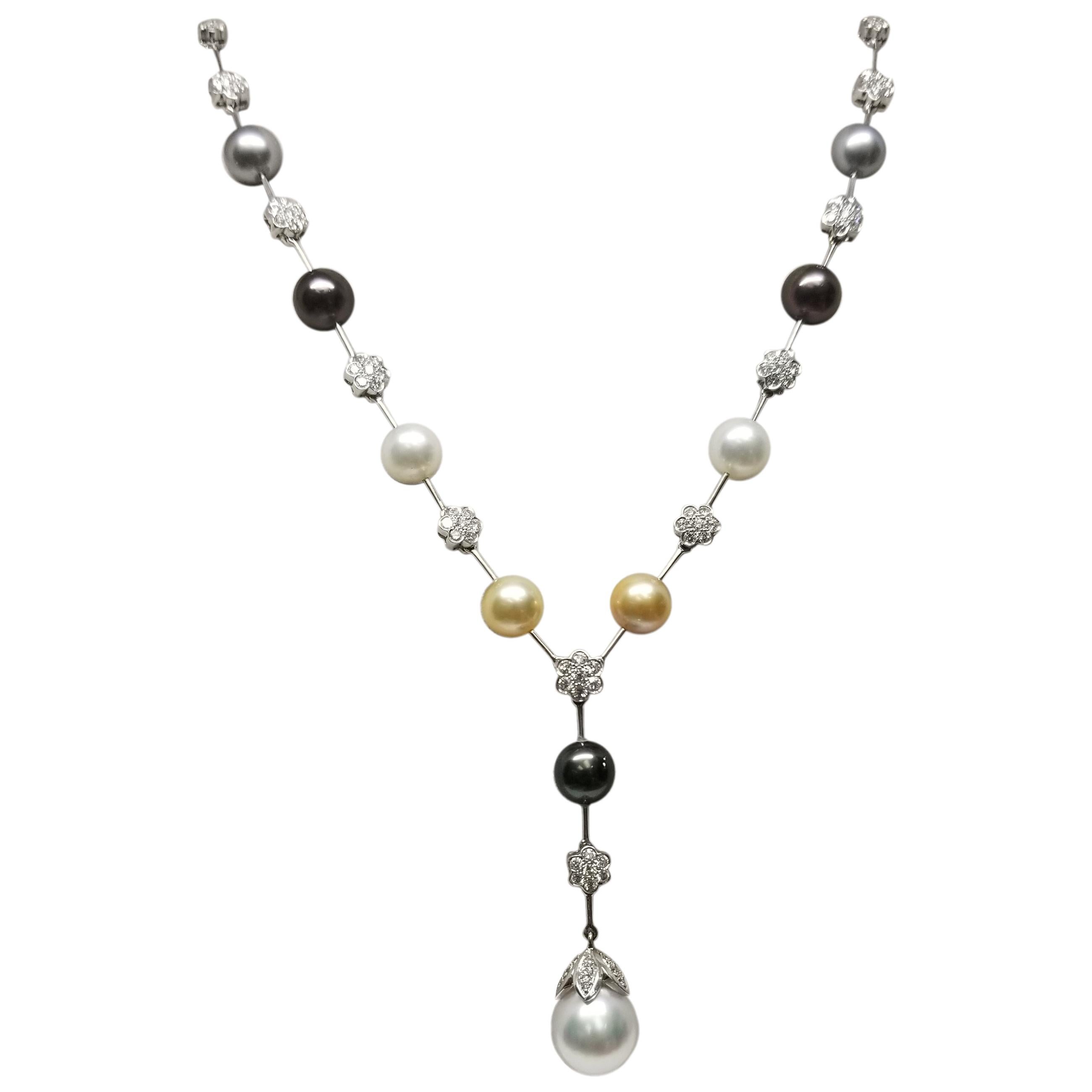 14 Karat White Gold South Sea Pearl Multicolored and Diamond Necklace For Sale