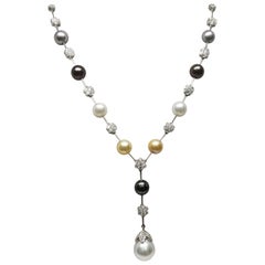 14 Karat White Gold South Sea Pearl Multicolored and Diamond Necklace