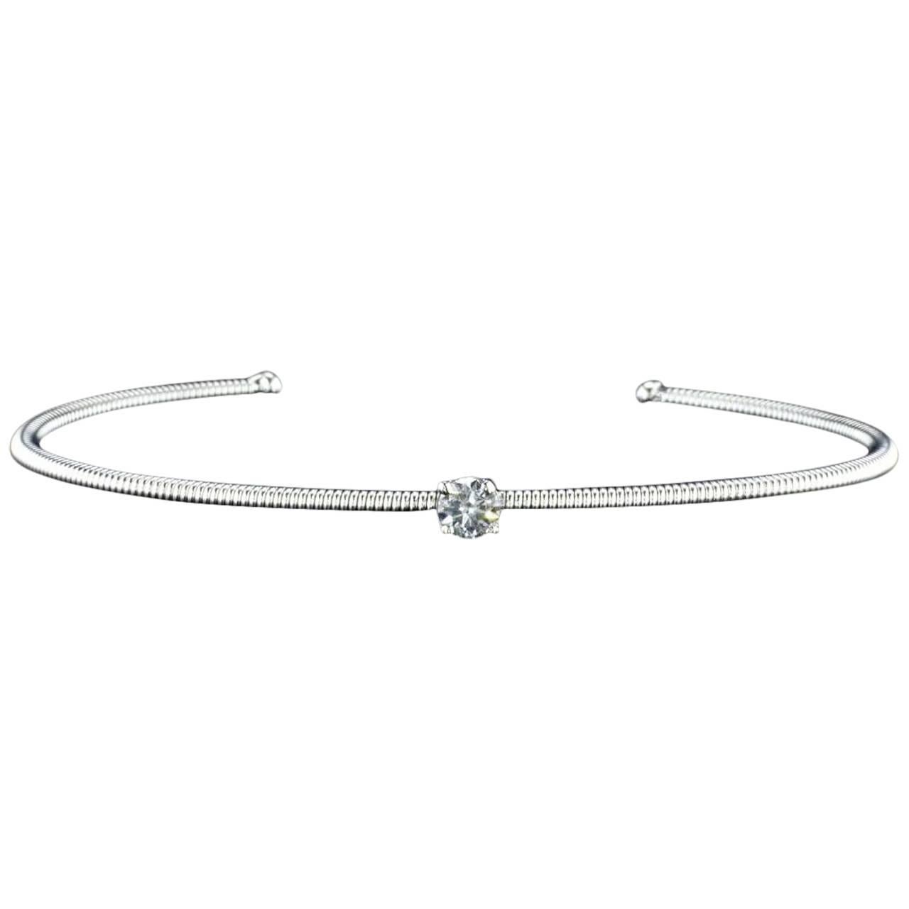 14K White Gold Spring Bangle Bracelet with a Center Diamond