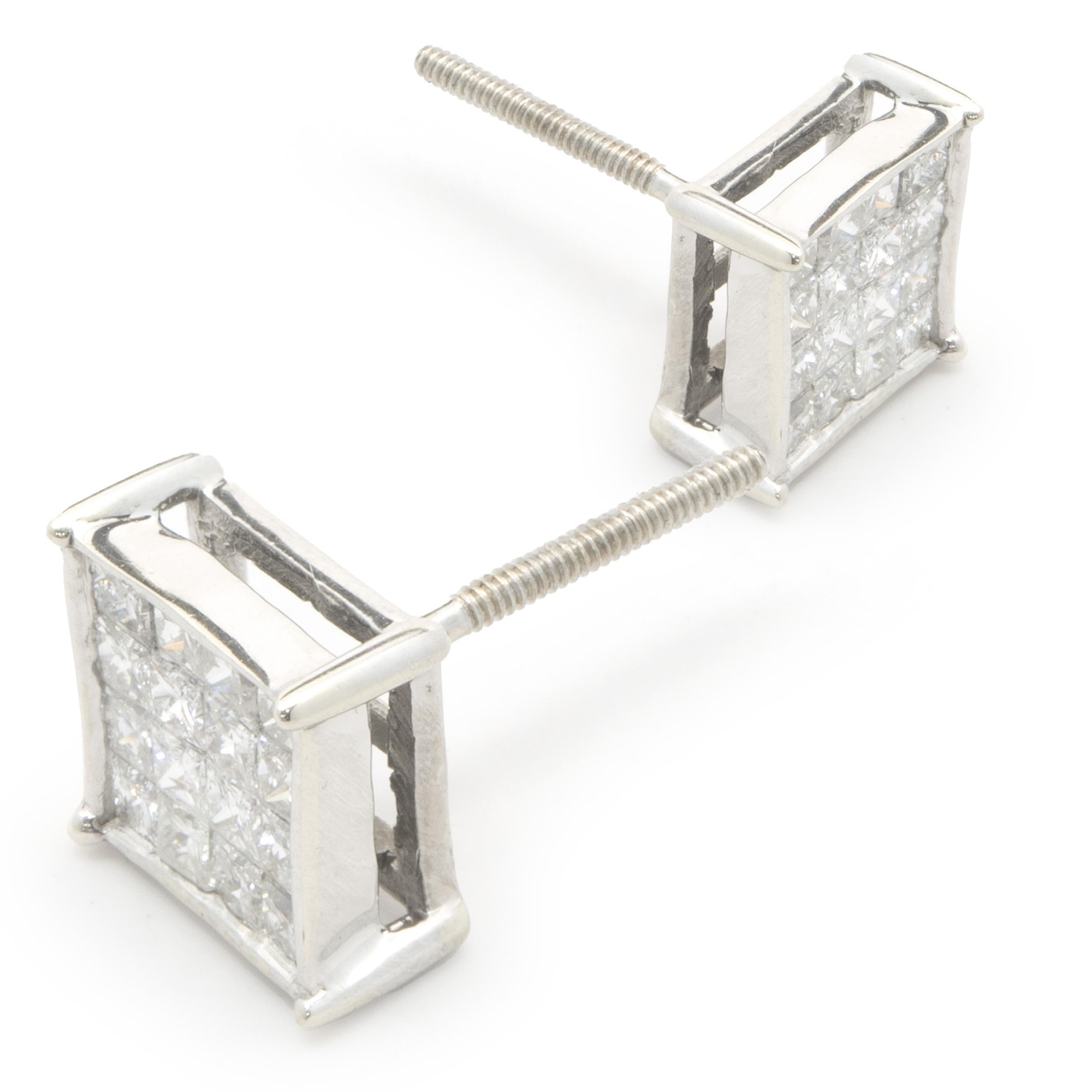Material: 14k white gold
Diamonds: 32 princess cut = 1.00ct
Color: I
Clarity: SI2
Dimensions: earrings measure approximately 8 x 8mm in diameter
Fastenings: post with screw backs
Weight: 2.30 grams