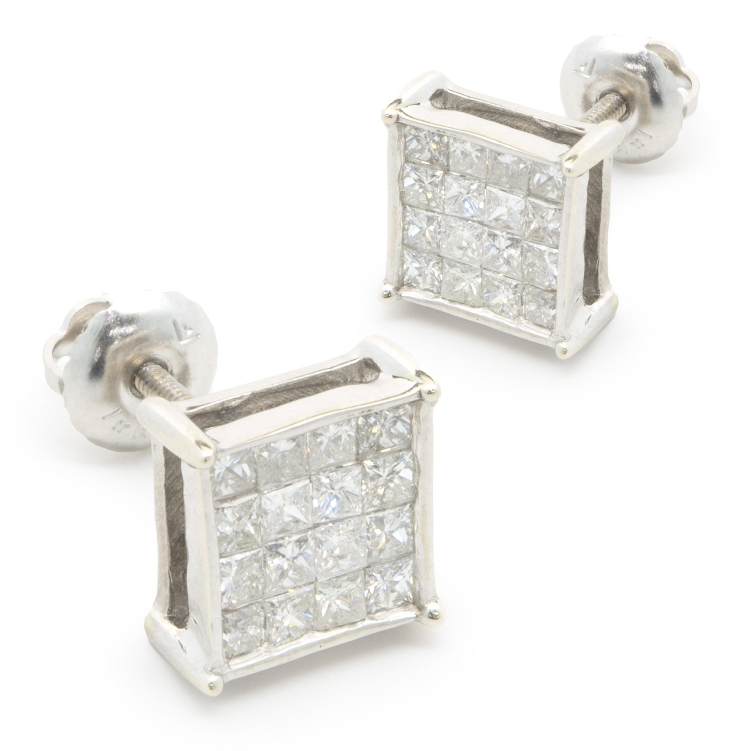 14 Karat White Gold Square Cluster Stud Earrings In Excellent Condition For Sale In Scottsdale, AZ