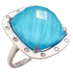  14 Karat White Gold Square Cushion Turquoise Doublet and Diamond Ring