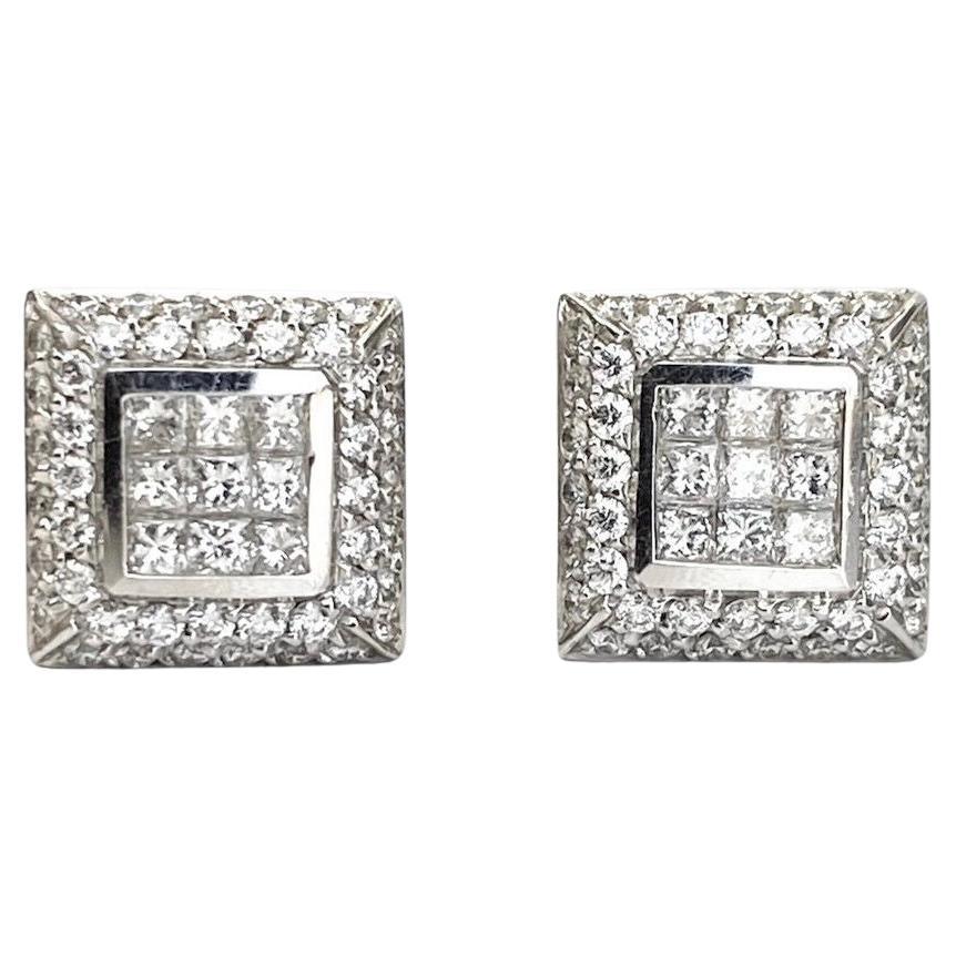 14 Karat White Gold Square Diamond Earrings 1.20cts. For Sale