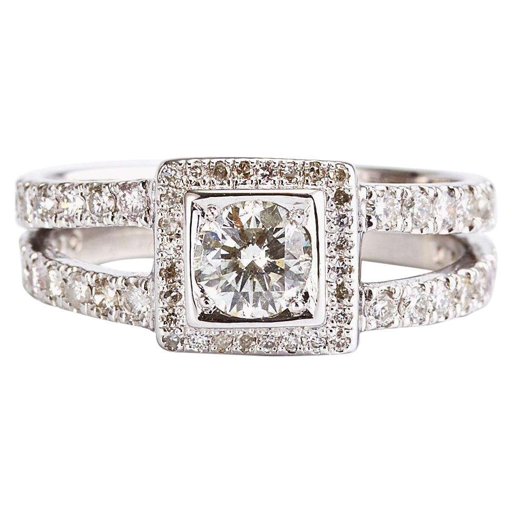 14 Karat White Gold Square Halo Pave Diamond Engagement Ring For Sale