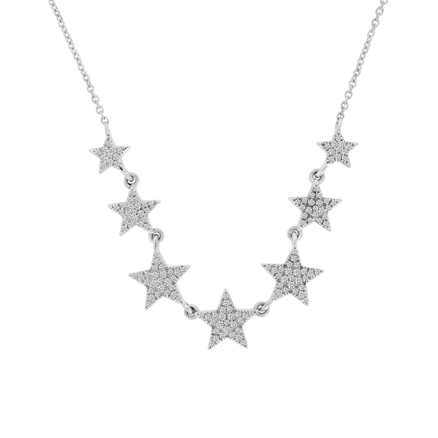 This elegant necklace features 7 diamond stars Micro Prong-set linked to each other via delicate loops. Experience The Difference in Person!

Product details: 

Center Gemstone Type: NATURAL DIAMOND
Center Gemstone Shape: ROUND
Metal: 14K White