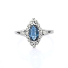 14 Karat White Gold Studded Marquise Blue Sapphire Diamond Wedding Ring