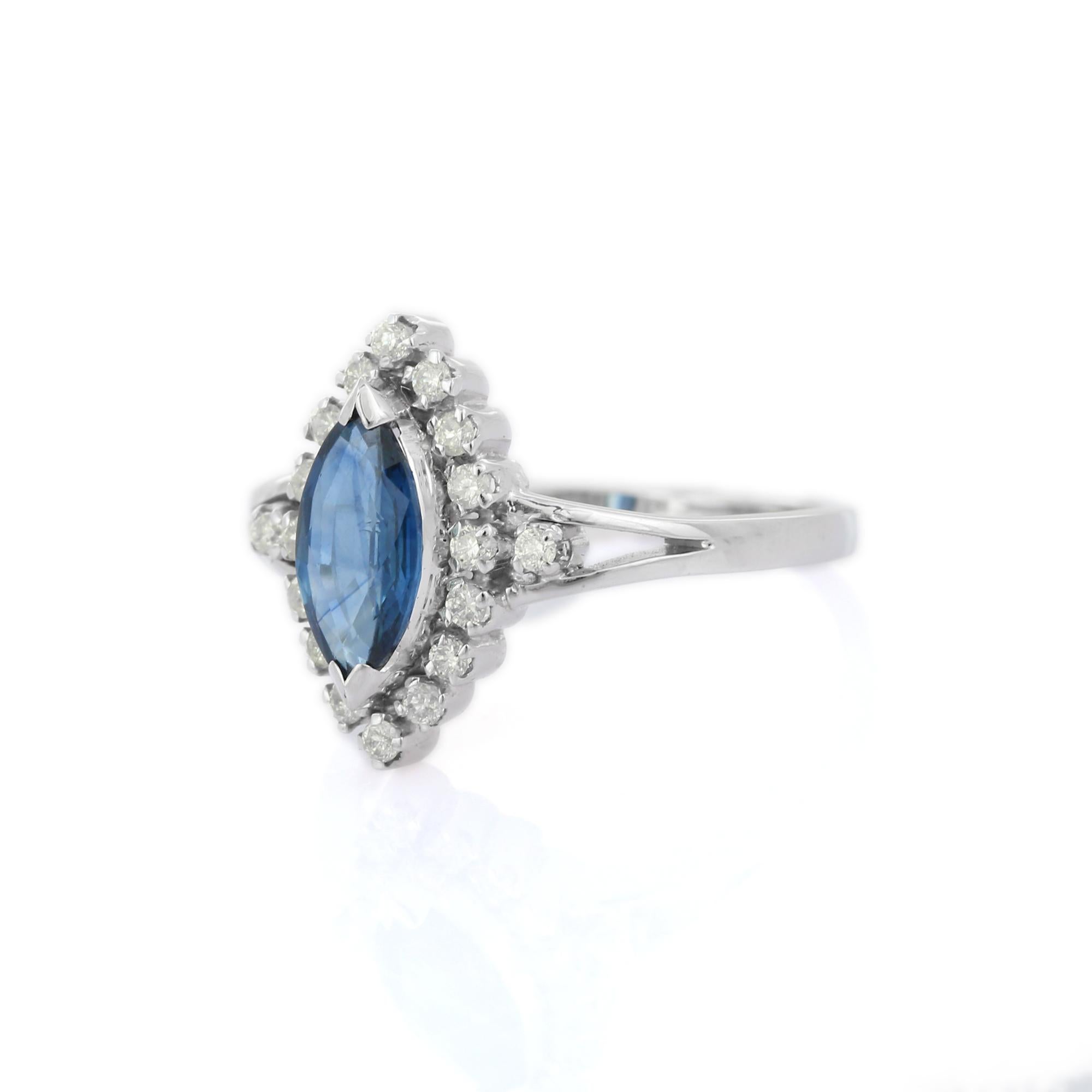 For Sale:  14 Karat White Gold Studded Marquise Blue Sapphire Diamond Wedding Ring 3