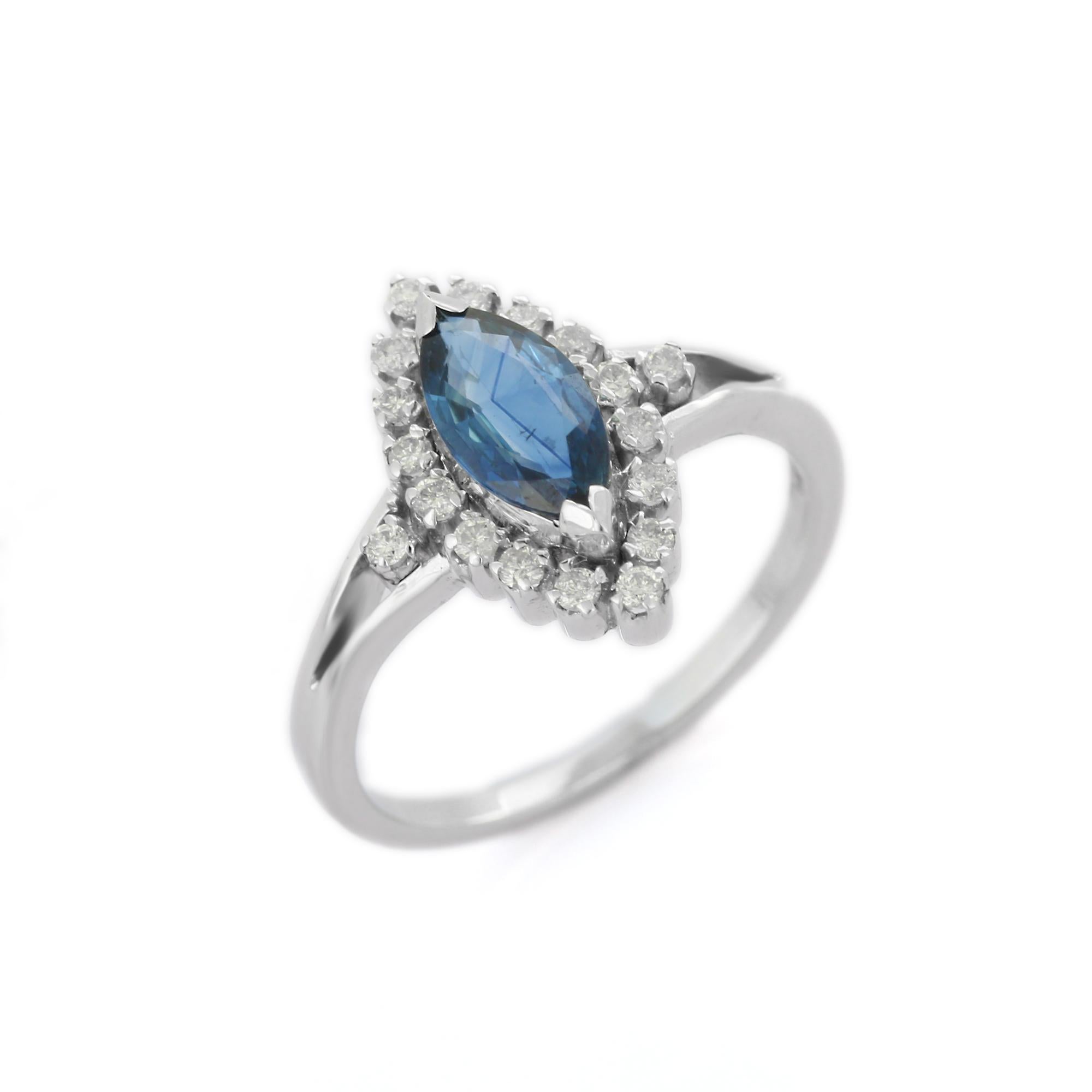 For Sale:  14 Karat White Gold Studded Marquise Blue Sapphire Diamond Wedding Ring 5