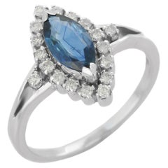 Bague de mariage en or blanc 14 carats avec saphir bleu marquise clouté et diamants