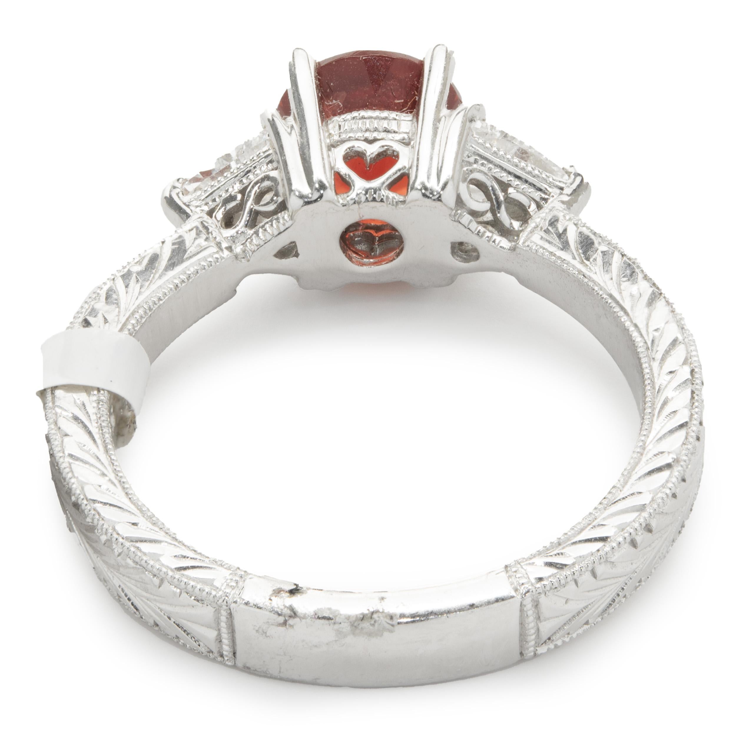 Trillion Cut 14 Karat White Gold Sunstone and Diamond Ring For Sale