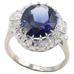 14 Karat White Gold Synthetic Blue Sapphire & Natural Diamond Cocktail Ring 