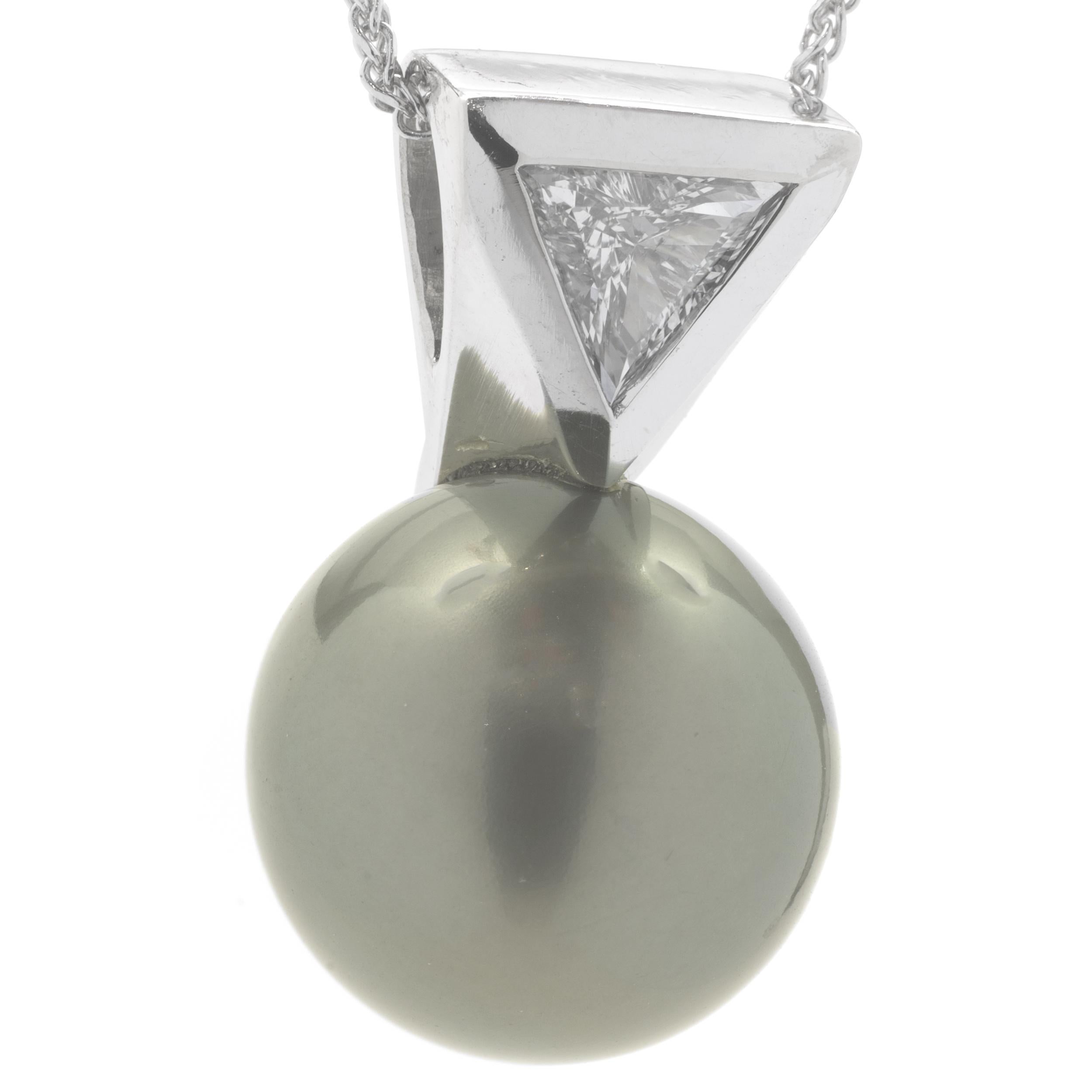 Trillion Cut 14 Karat White Gold Tahitian Pearl and Diamond Necklace