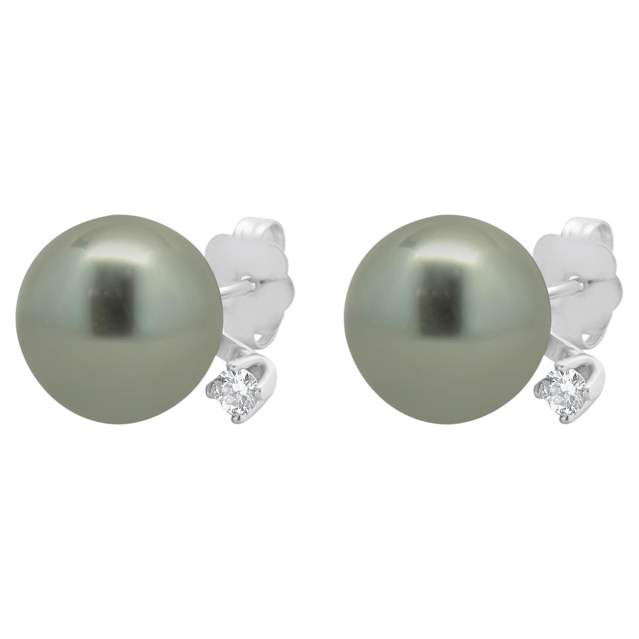 14 Karat White Gold Tahitian Pearl and Diamond Stud Earrings For Sale