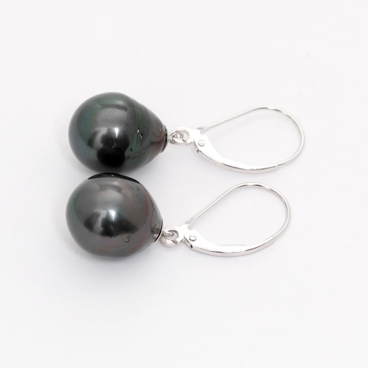 14K White Gold Tahitian Pearl Drop Earrings - . Two  Tahitian Pearls measuring 11.82 - 11.89 mm. Total weight 6 grams.