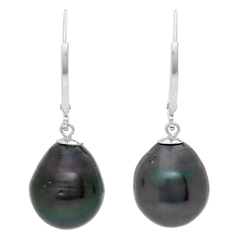 14 Karat White Gold Tahitian Pearl Drop Earrings, 6 Grams For Sale