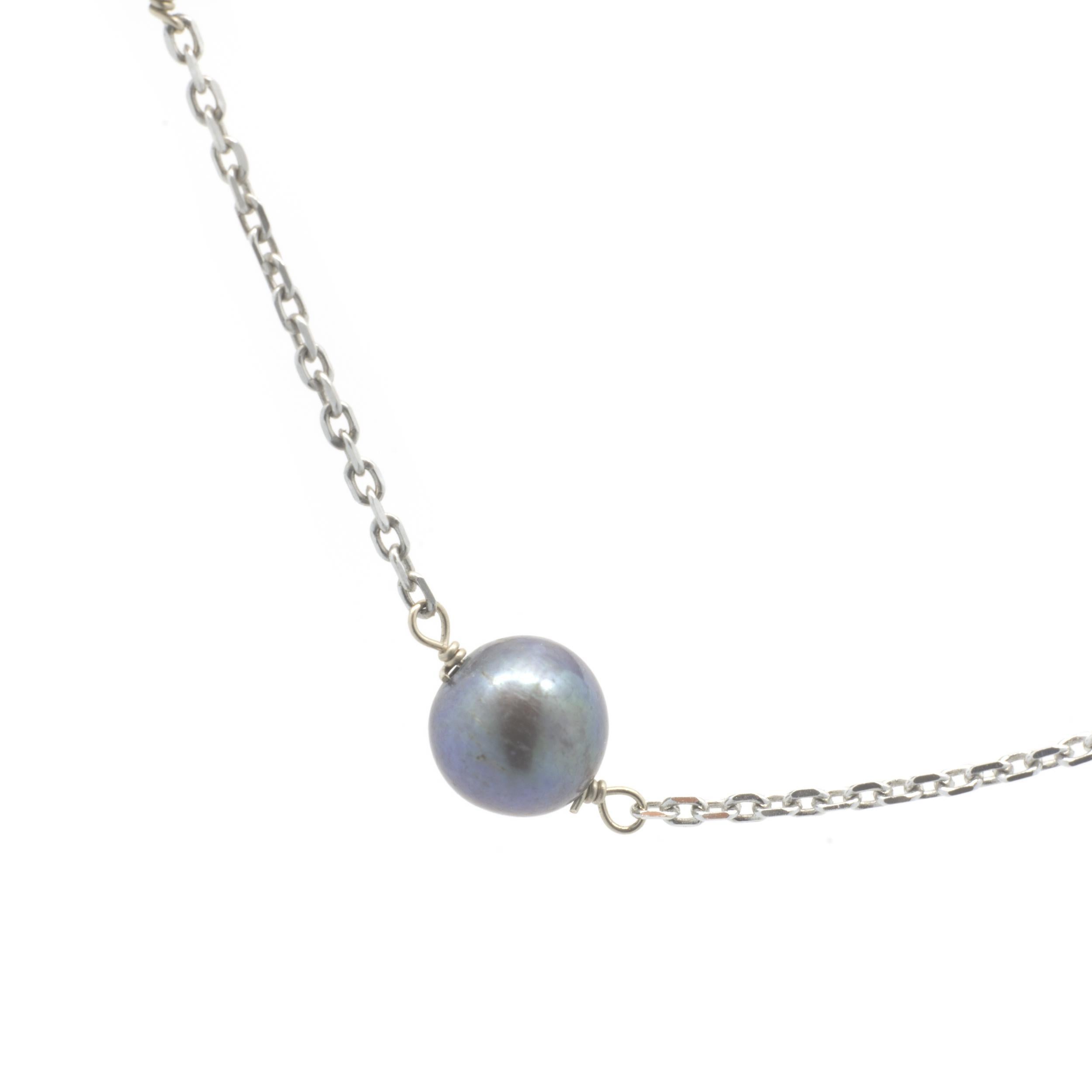 Rough Cut 14 Karat White Gold Tahitian Pearl Station Necklace For Sale
