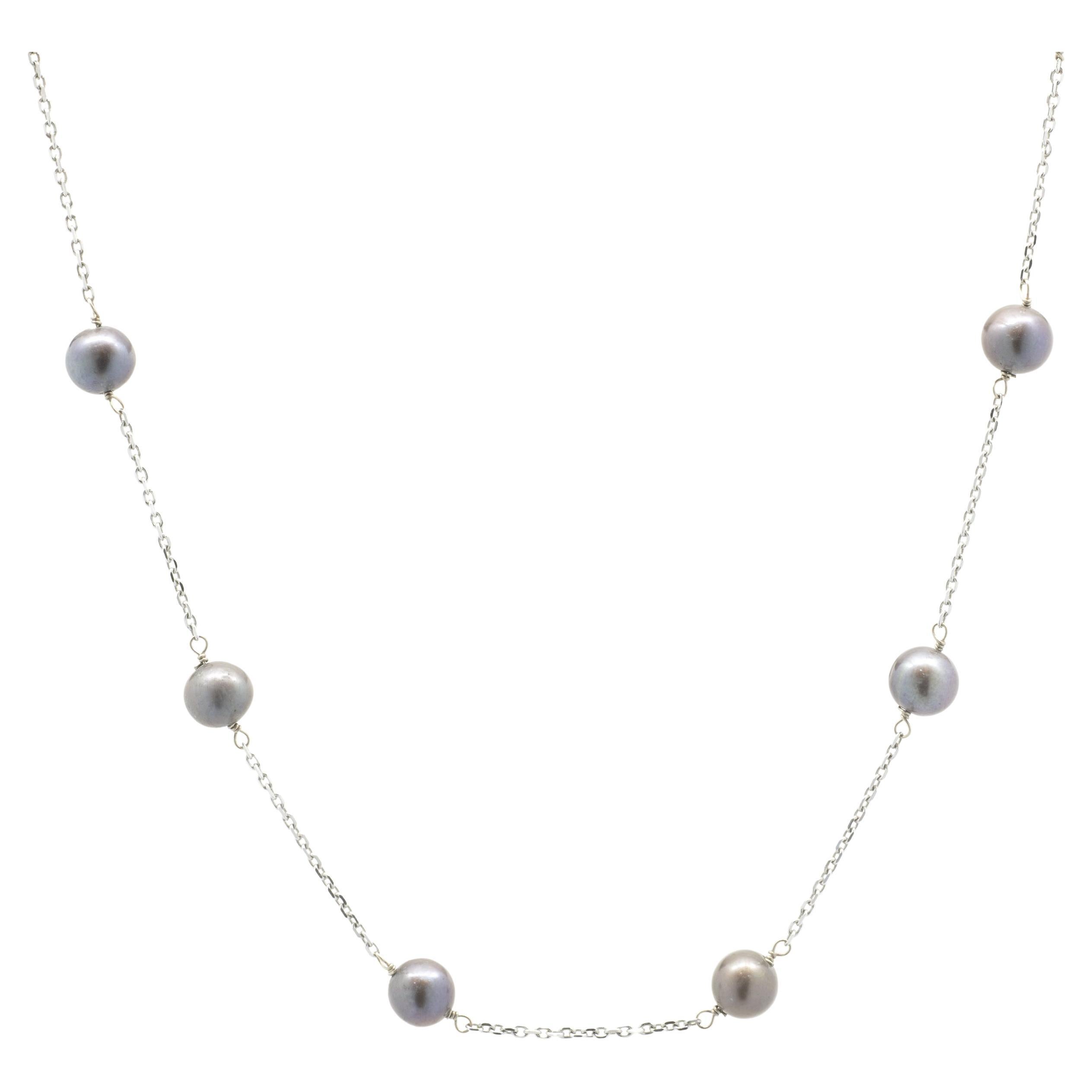 14 Karat White Gold Tahitian Pearl Station Necklace For Sale