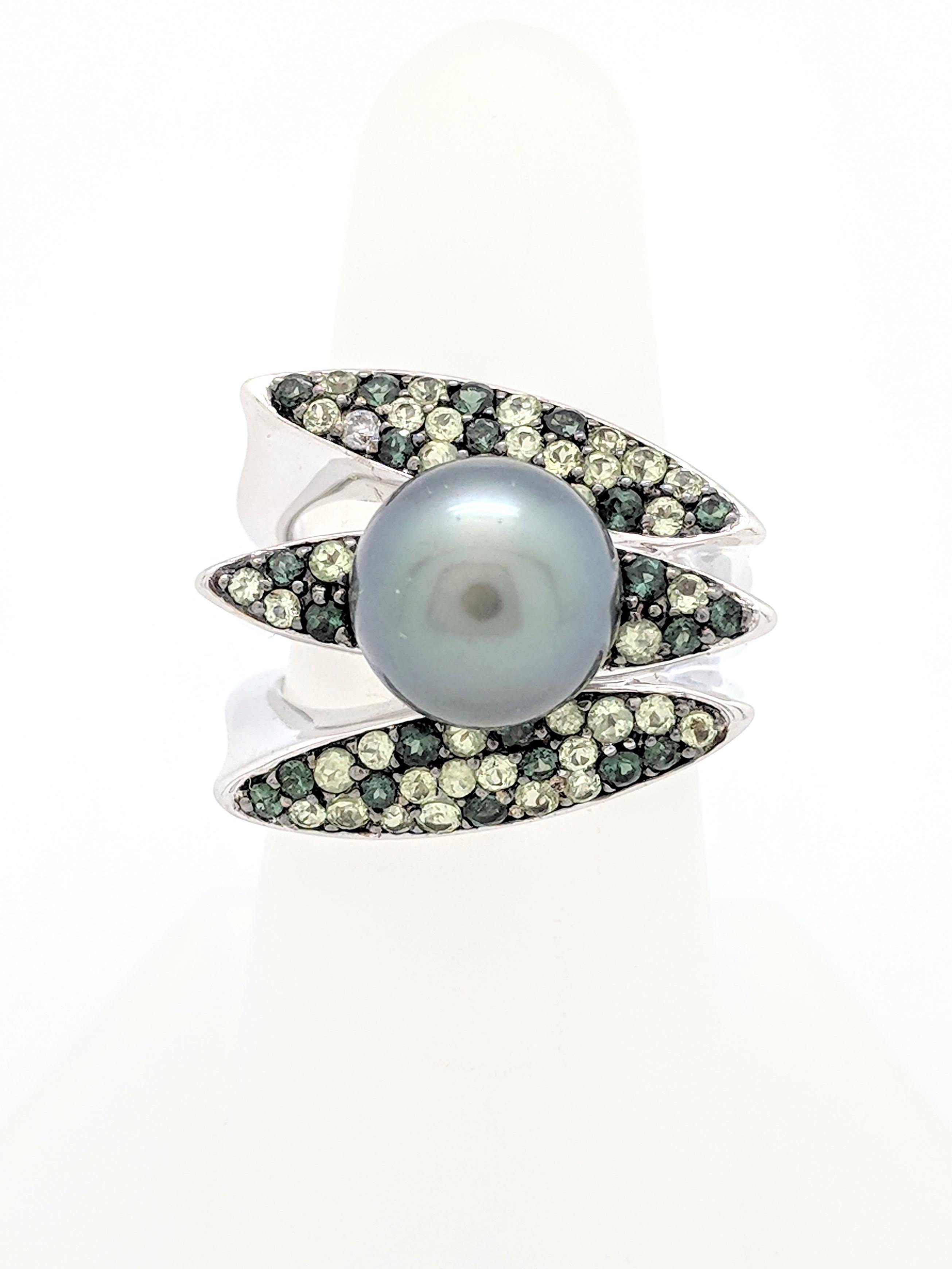 Contemporary 14 Karat White Gold Tahitian Pearl, Tourmaline and Peridot Ring