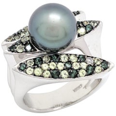 14 Karat White Gold Tahitian Pearl, Tourmaline and Peridot Ring