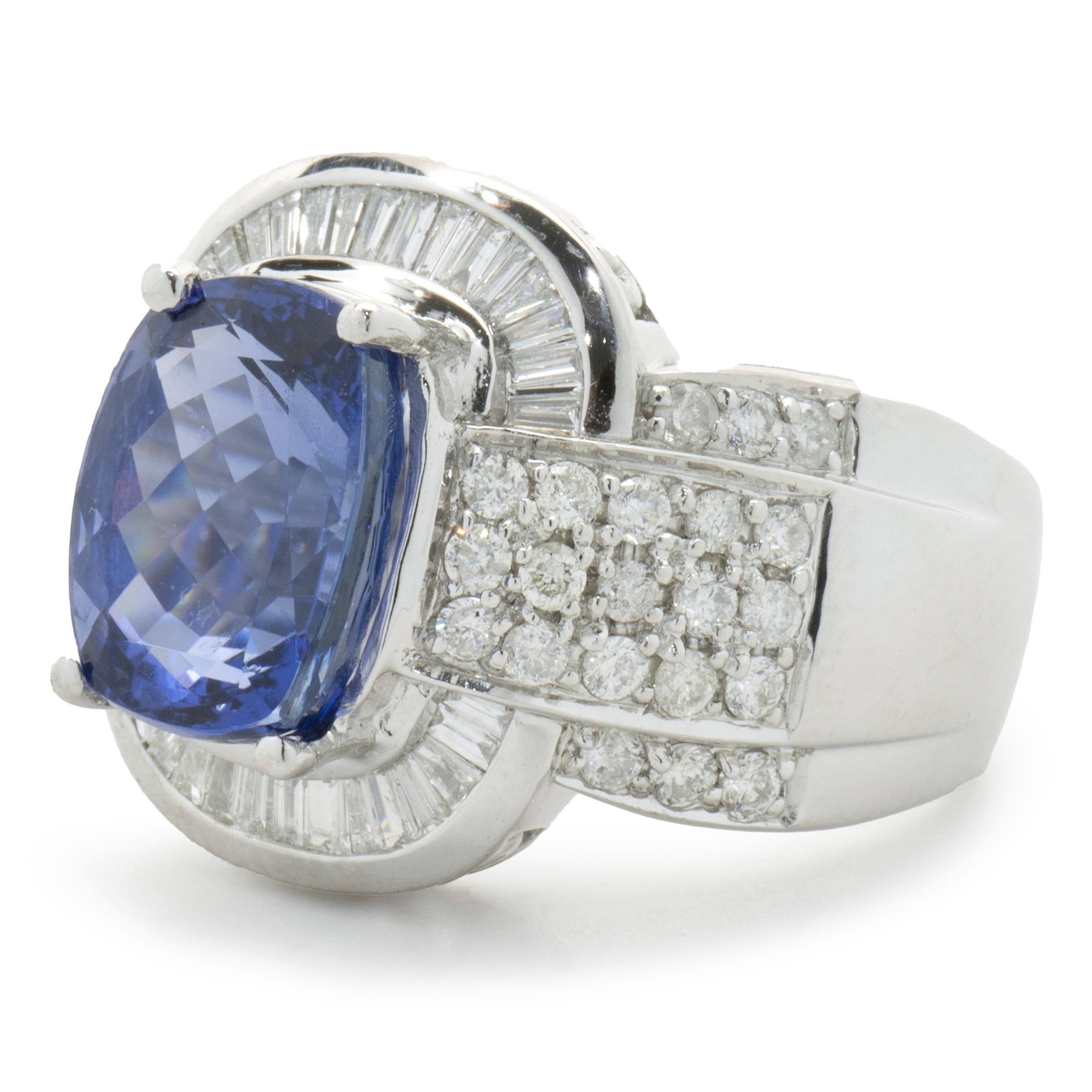 Designer: custom design
Material: 14K white gold
Diamond: 72 round brilliant cut = 1.86cttw
Color: G
Clarity: SI1
Tanzanite: 1 cushion cut = 3.81ct
Dimensions: ring top measures 12mm wide
Ring Size: 7 (please allow two extra shipping days for sizing