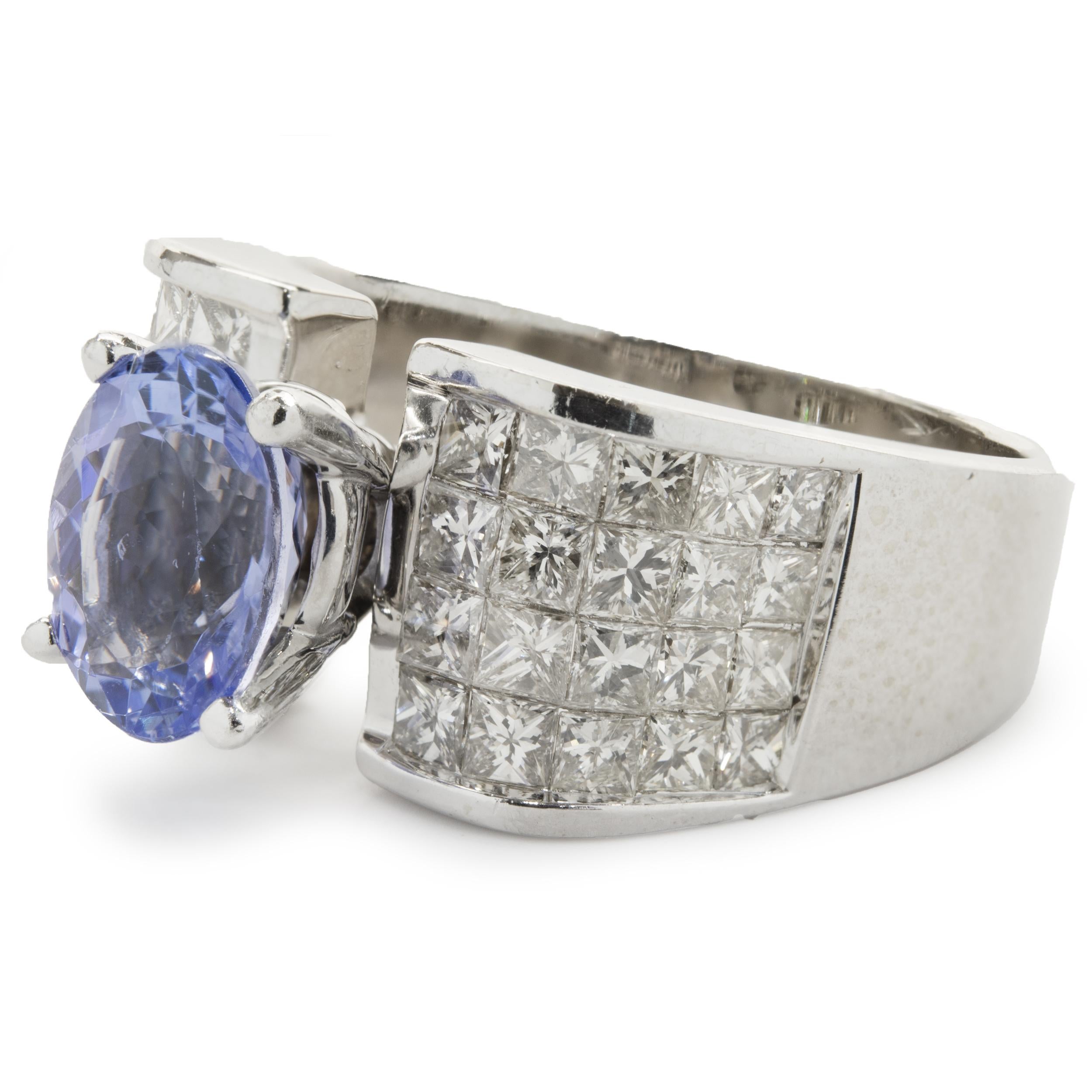 Princess Cut 14 Karat White Gold Tanzanite and Invisible Set Diamond Ring For Sale