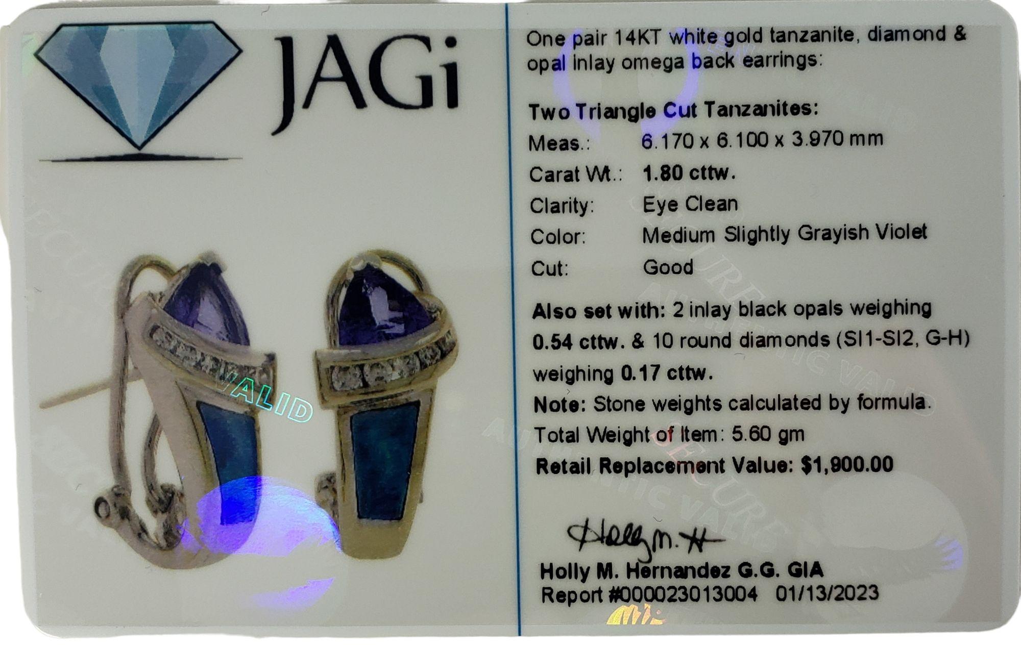 14 Karat White Gold Tanzanite, Diamond and Opal Inlay Earrings #13738 For Sale 2