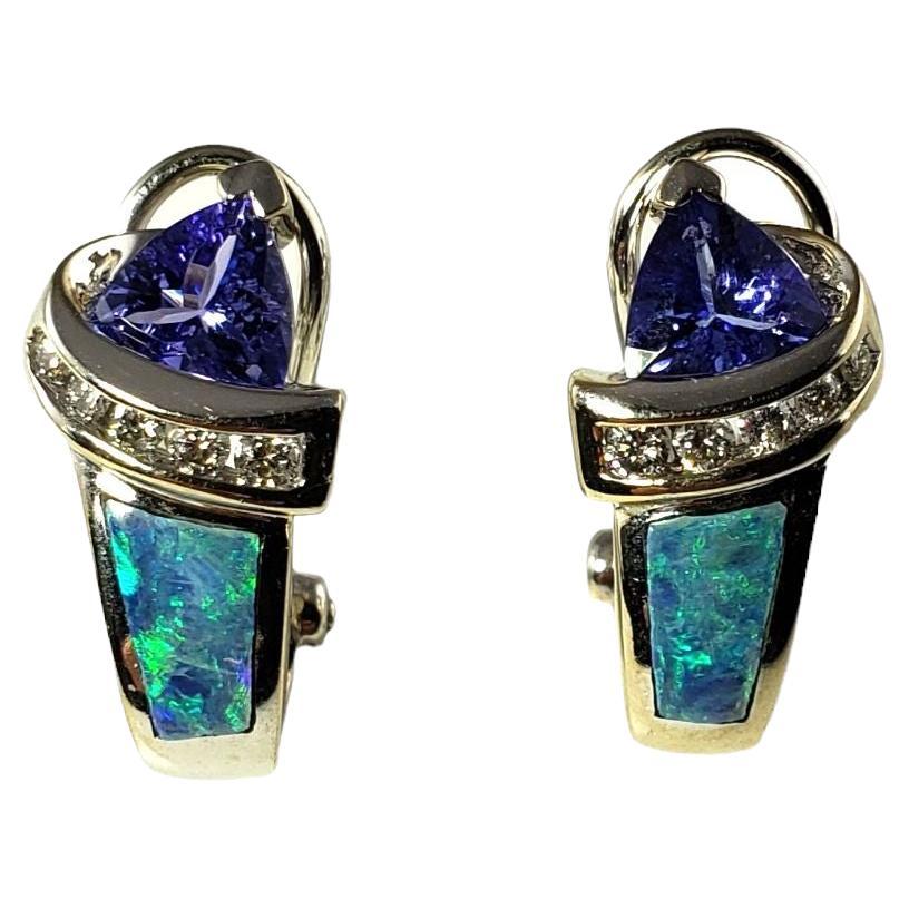 14 Karat White Gold Tanzanite, Diamond and Opal Inlay Earrings #13738 For Sale