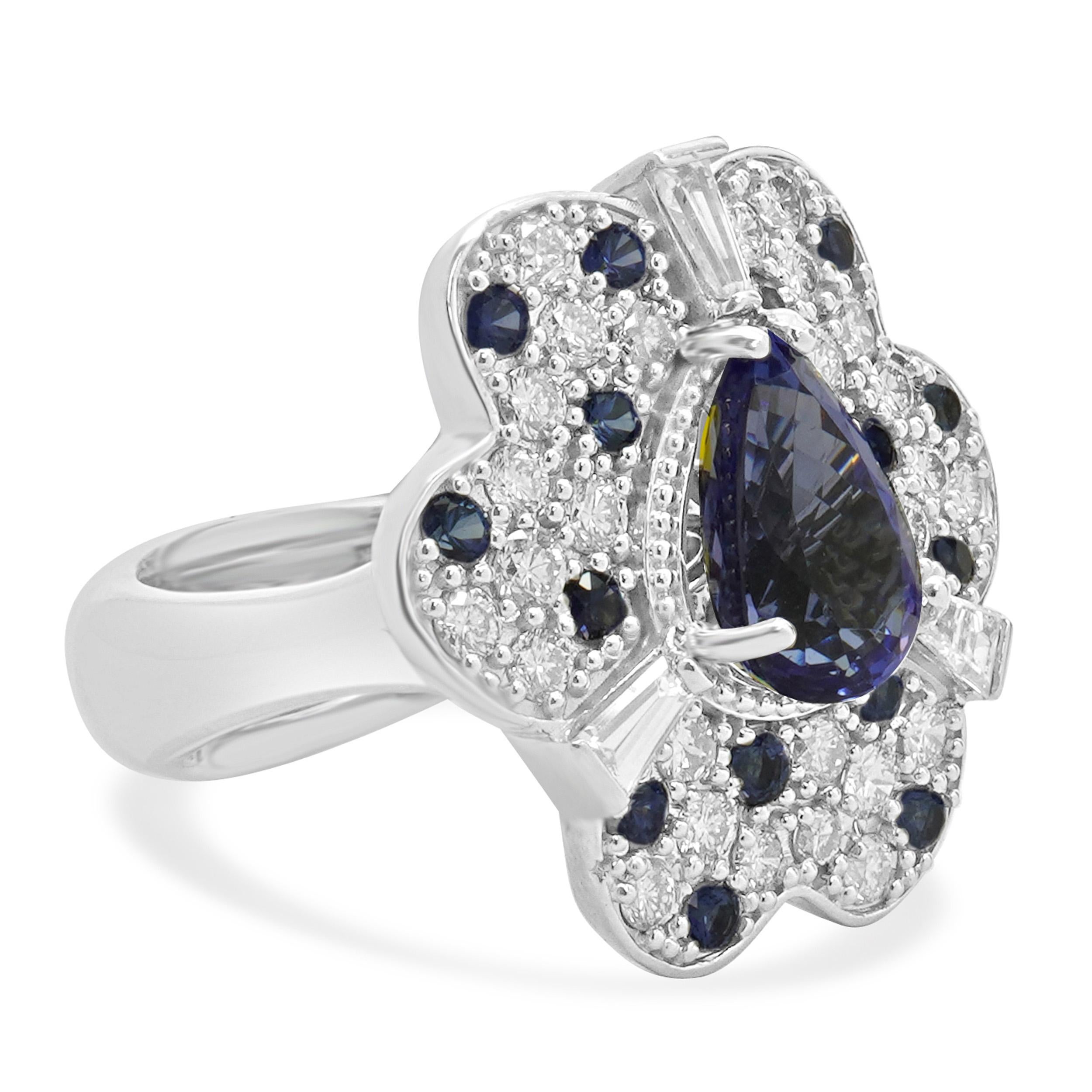 Blumenring aus 14 Karat Weißgold mit Tansanit, Saphir und Diamant im Zustand „Hervorragend“ im Angebot in Scottsdale, AZ