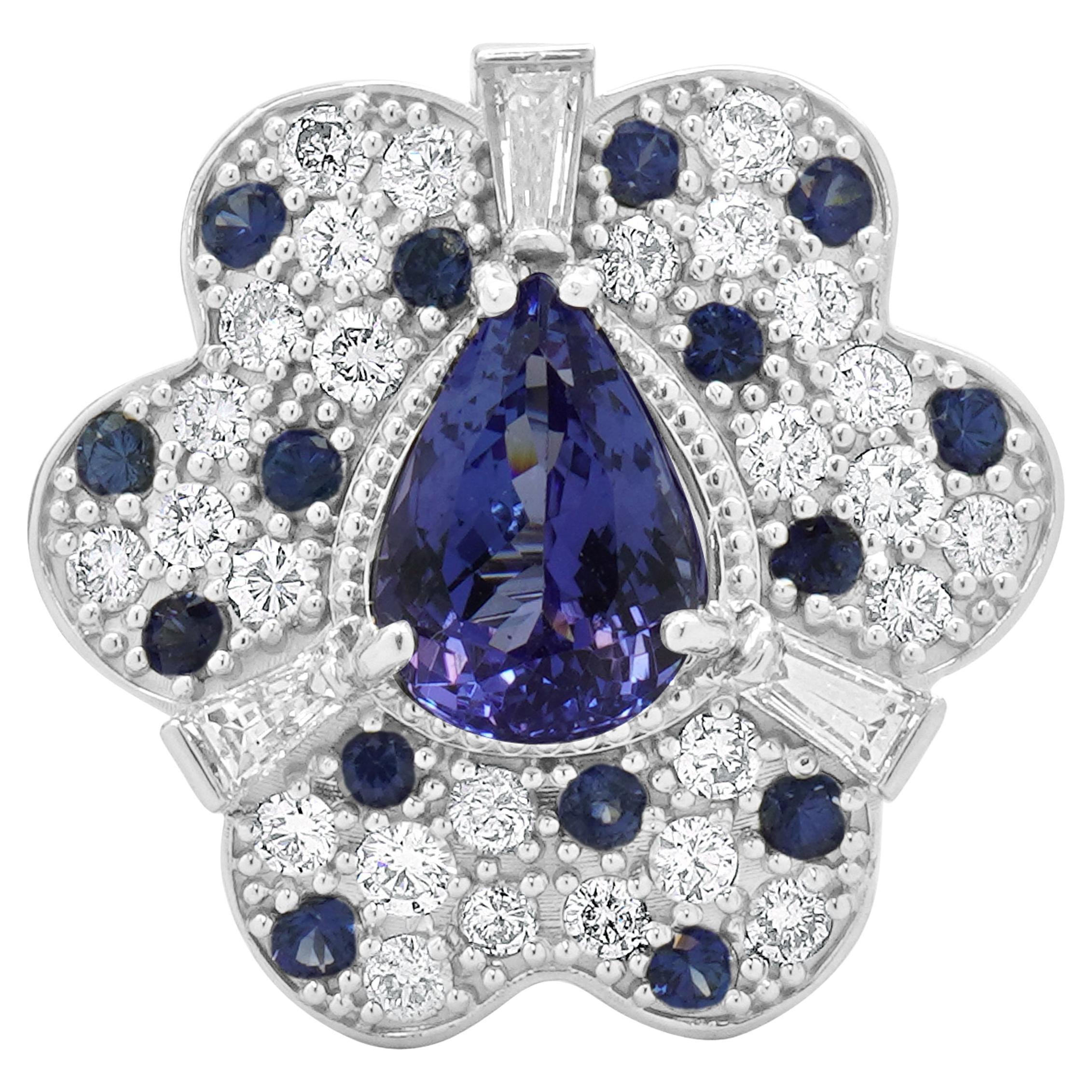 14 Karat White Gold Tanzanite, Sapphire & Diamond Flower Ring