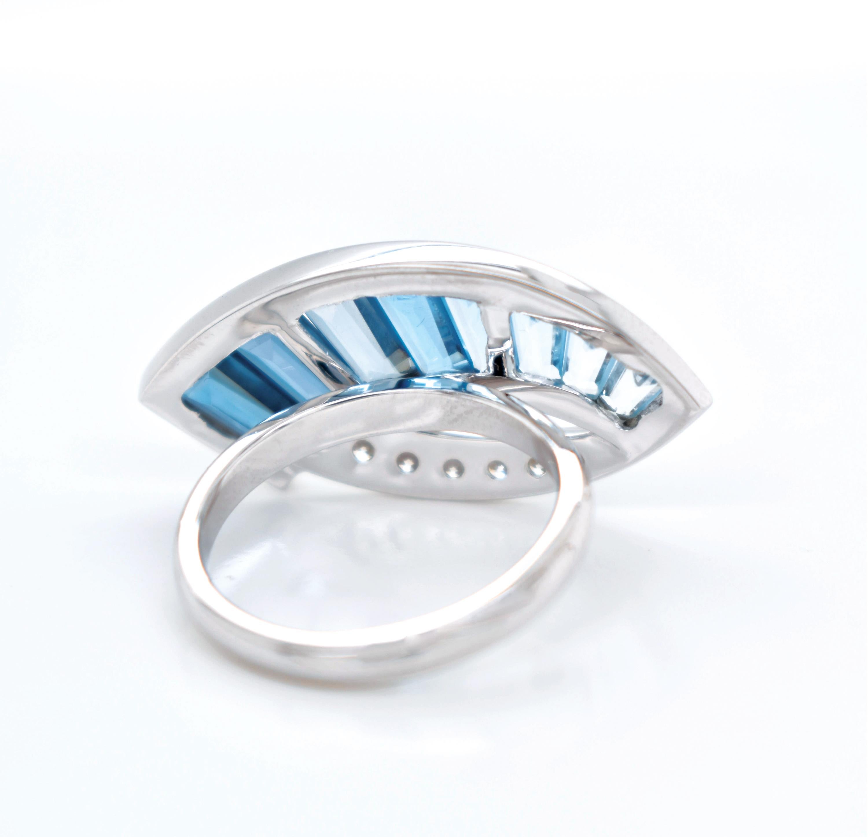 Baguette Cut 14 Karat White Gold Tapered Baguette Blue Topaz Diamond Ring For Sale