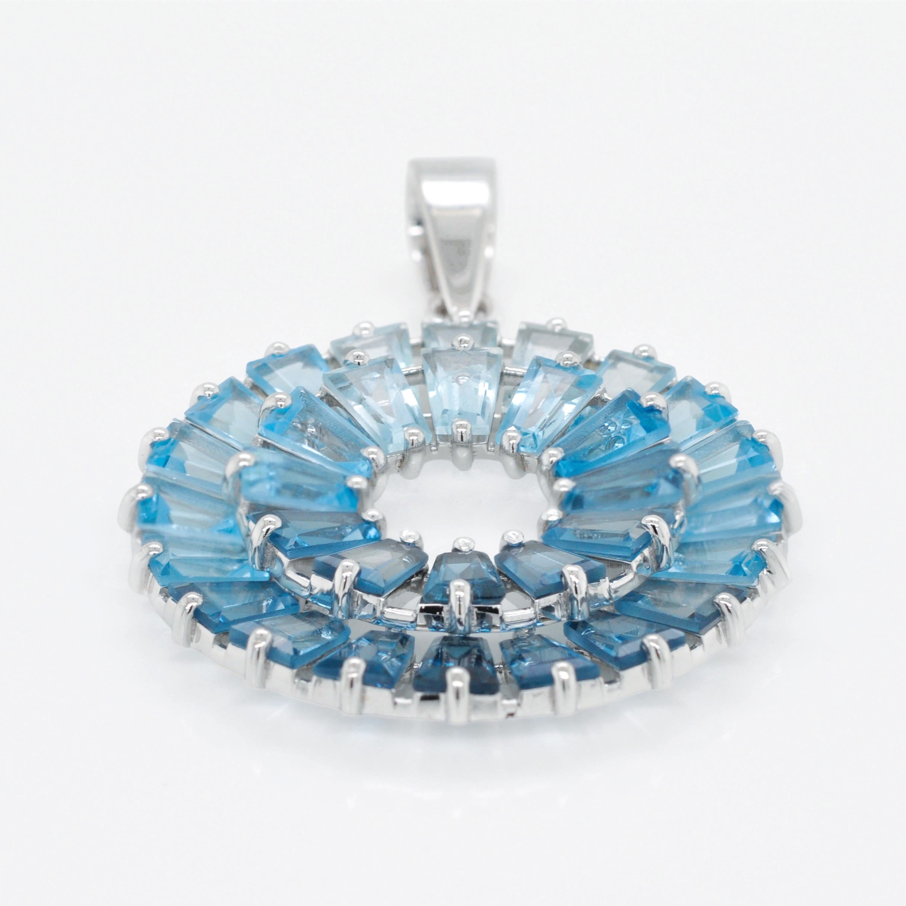 14 Karat Handcrafted White Gold Tapered Baguette Blue Topaz Pendant Necklace For Sale 1