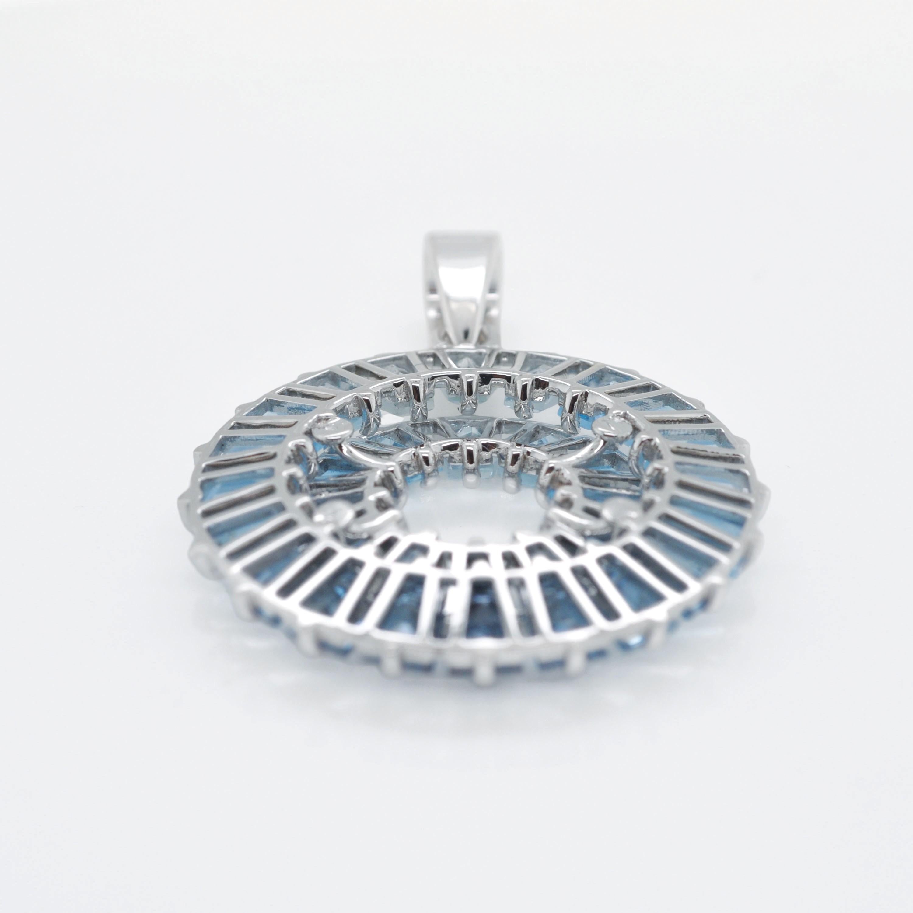 14 Karat Handcrafted White Gold Tapered Baguette Blue Topaz Pendant Necklace For Sale 2