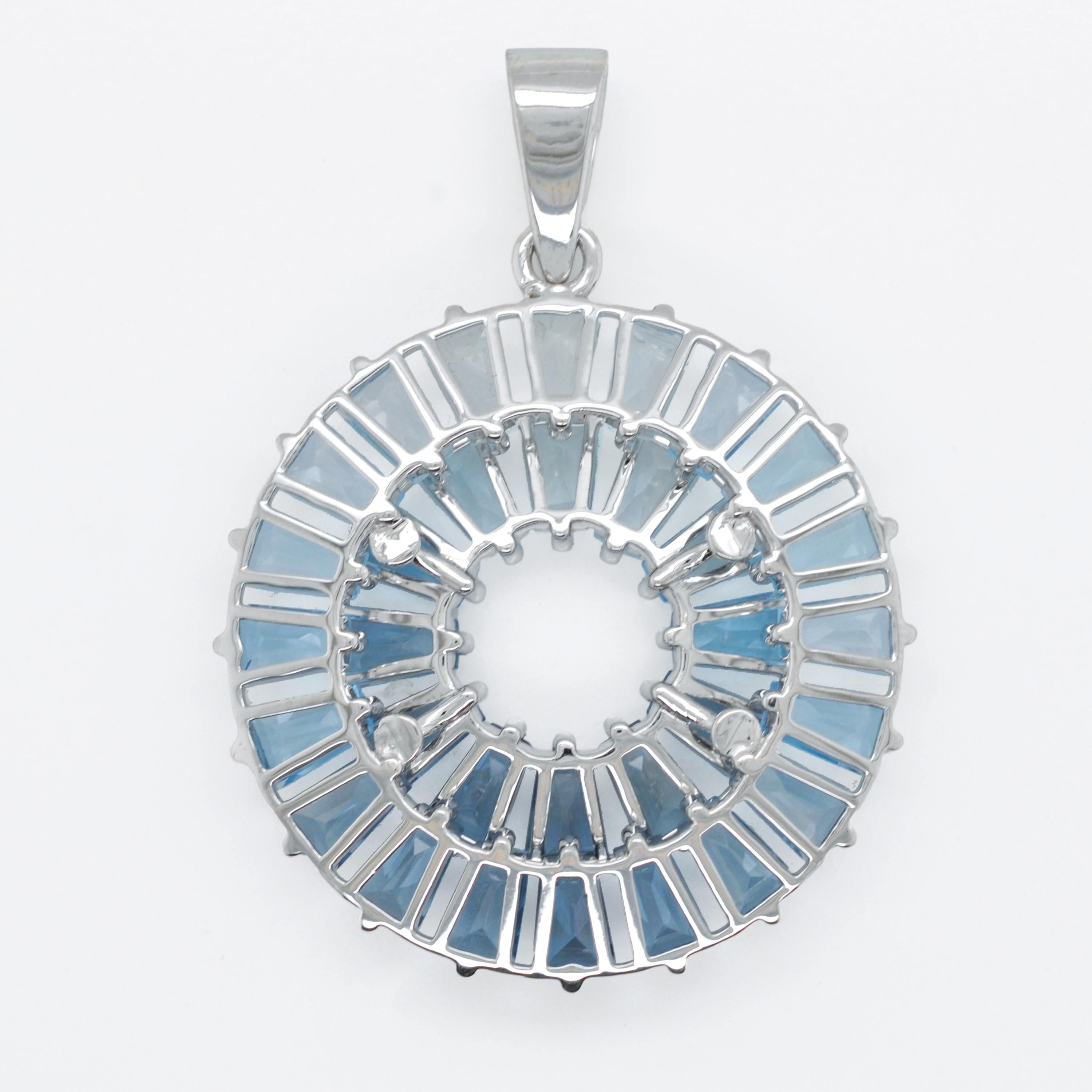 14 Karat Handcrafted White Gold Tapered Baguette Blue Topaz Pendant Necklace For Sale 3