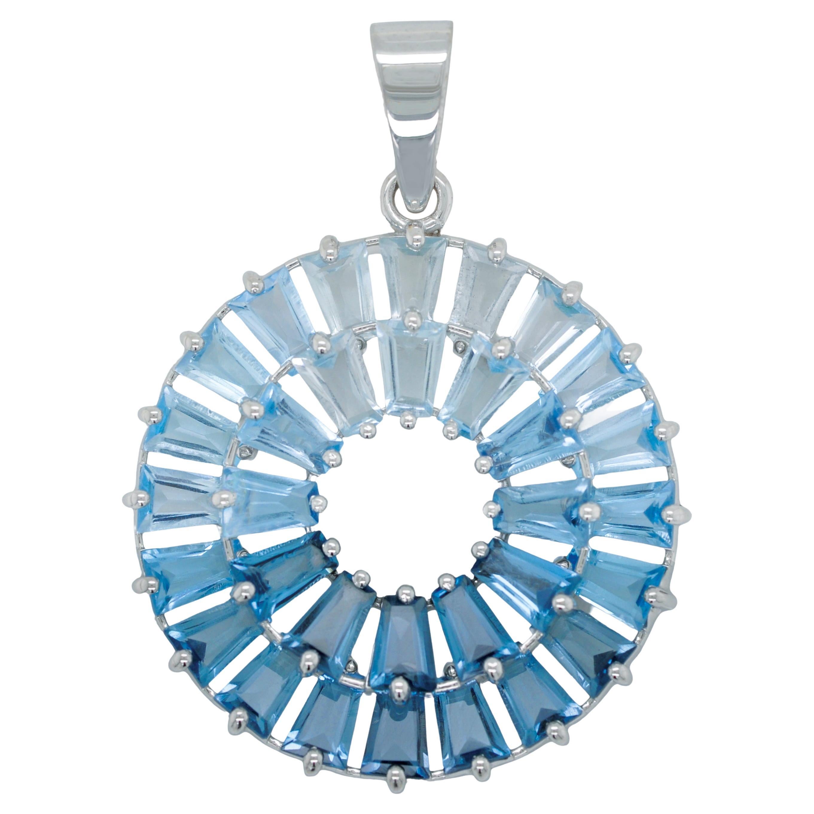 14 Karat Handcrafted White Gold Tapered Baguette Blue Topaz Pendant Necklace