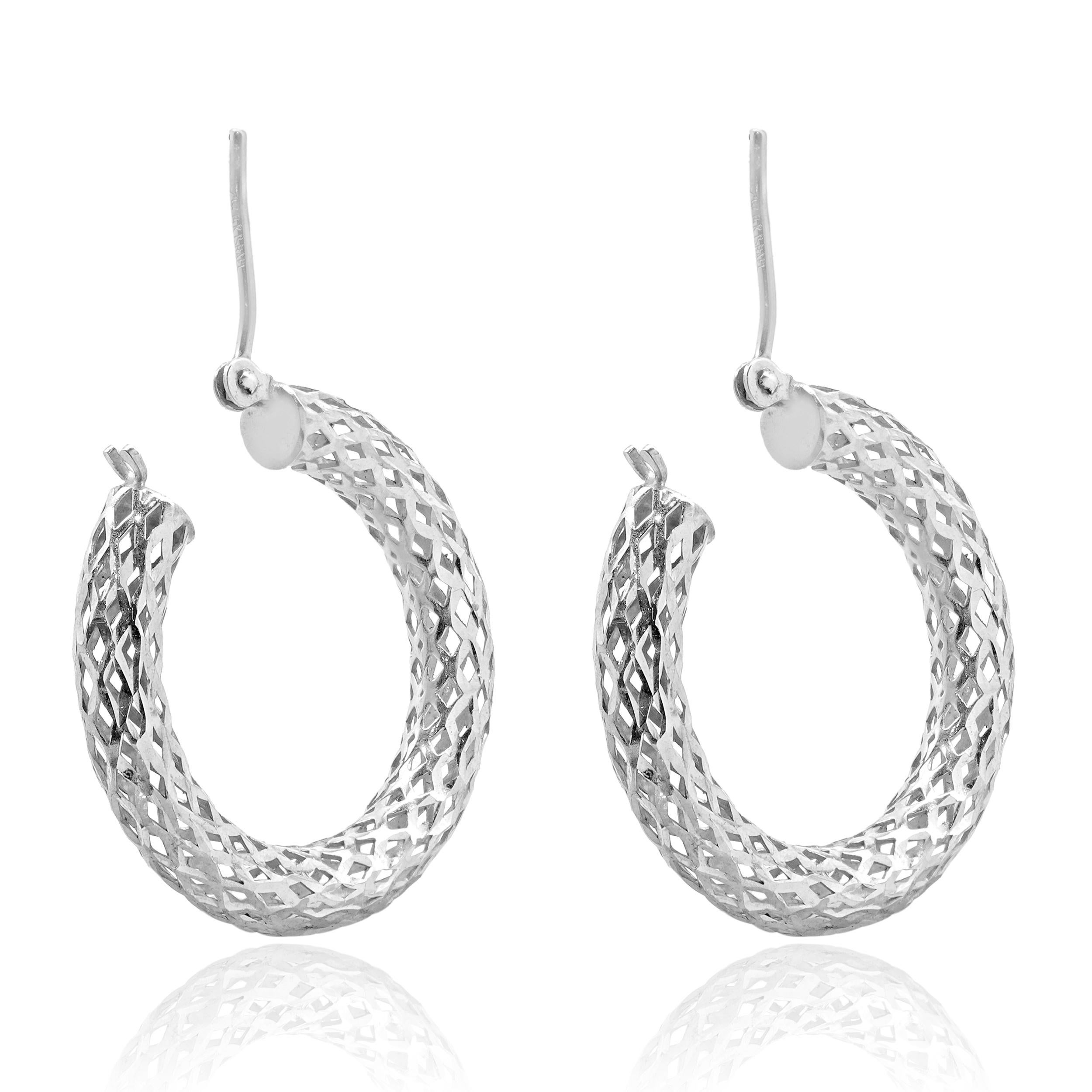 Women's 14 Karat White Gold Textured 23.5MM Hoop Earrings For Sale
